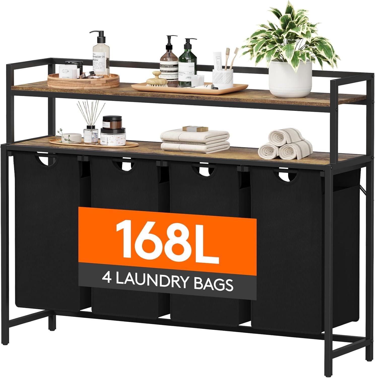 imageLifewit Laundry Hamper 4 Section 168L Pull out Laundry Clothes Basket Organizer with Large Top Shelf and 4 Removable Bags and Handles Laundry Sorter for Laundry Room Bedroom Bathroom BlackBlack