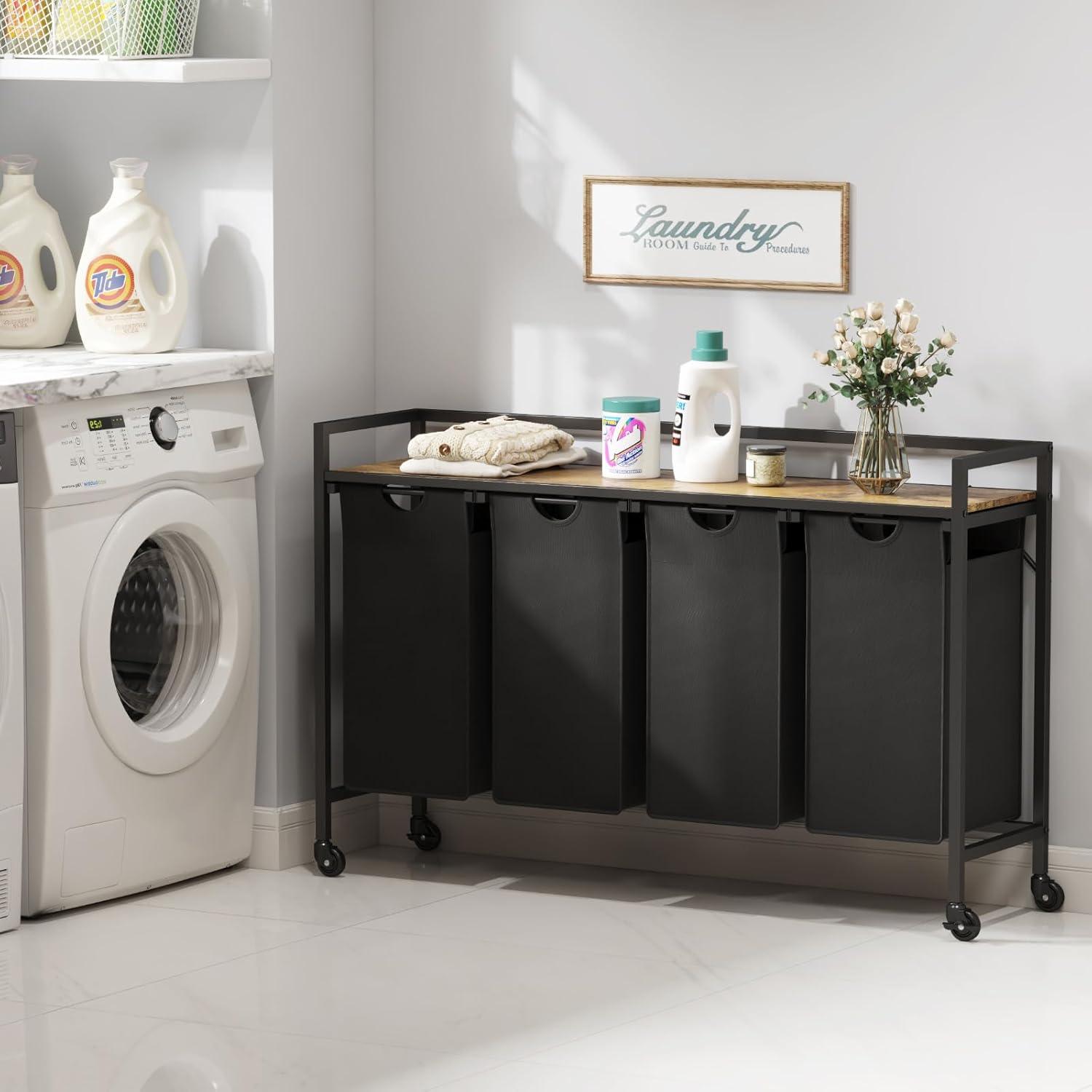 imageLifewit Laundry Hamper 4 Section 168L Pull out Laundry Clothes Basket Organizer with Large Top Shelf and 4 Removable Bags and Handles Laundry Sorter for Laundry Room Bedroom Bathroom BlackBlack