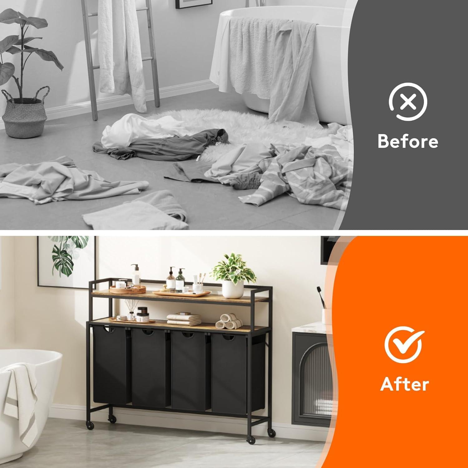 imageLifewit Laundry Hamper 4 Section 168L Pull out Laundry Clothes Basket Organizer with Large Top Shelf and 4 Removable Bags and Handles Laundry Sorter for Laundry Room Bedroom Bathroom BlackBlack