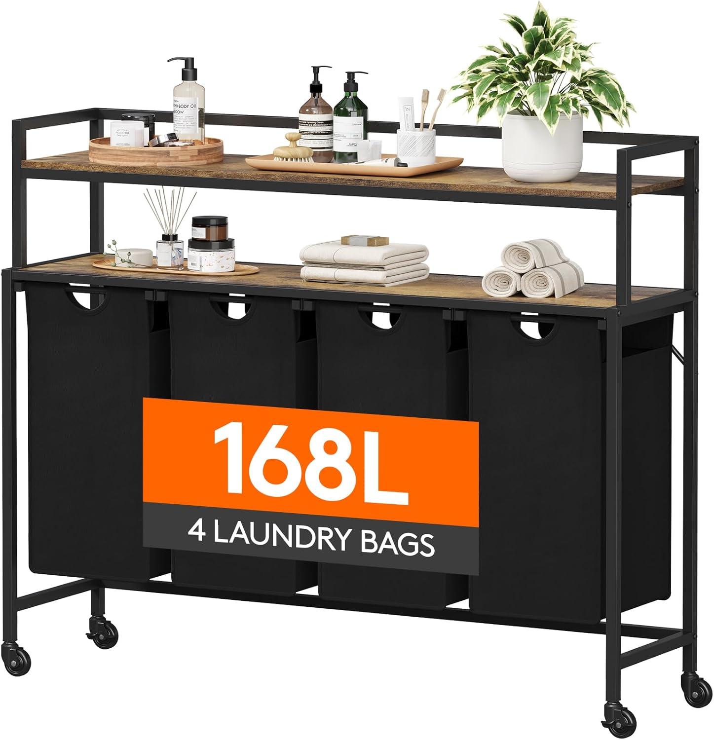 imageLifewit Laundry Hamper 4 Section 168L Pull out Laundry Clothes Basket Organizer with Large Top Shelf and 4 Removable Bags and Handles Laundry Sorter for Laundry Room Bedroom Bathroom BlackBlack