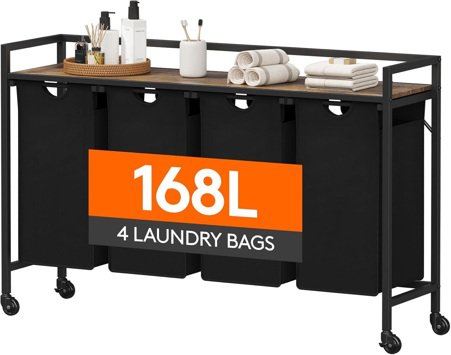 imageLifewit Laundry Hamper 4 Section 168L Pull out Laundry Clothes Basket Organizer with Large Top Shelf and 4 Removable Bags and Handles Laundry Sorter for Laundry Room Bedroom Bathroom BlackBlack