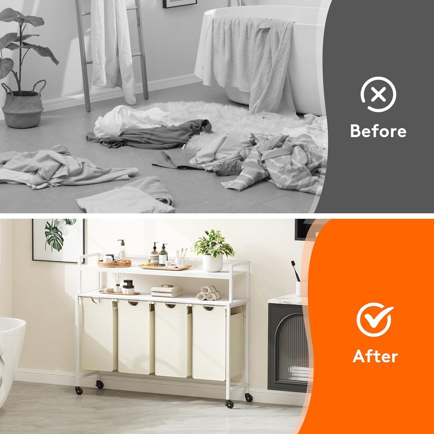 imageLifewit Laundry Hamper 4 Section 168L Pull out Laundry Clothes Basket Organizer with Large Top Shelf and 4 Removable Bags and Handles Laundry Sorter for Laundry Room Bedroom Bathroom BlackWhite