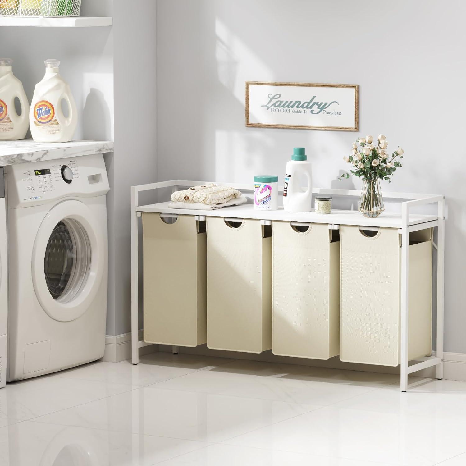 imageLifewit Laundry Hamper 4 Section 168L Pull out Laundry Clothes Basket Organizer with Large Top Shelf and 4 Removable Bags and Handles Laundry Sorter for Laundry Room Bedroom Bathroom BlackWhite