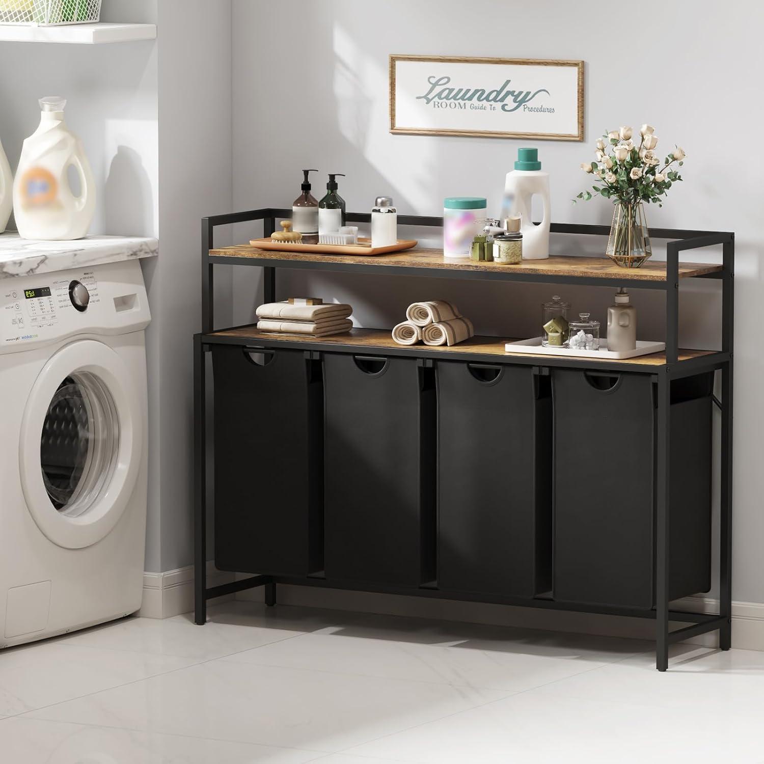 imageLifewit Laundry Hamper 4 Section 168L Pull out Laundry Clothes Basket Organizer with Large Top Shelf and 4 Removable Bags and Handles Laundry Sorter for Laundry Room Bedroom Bathroom BlackBlack