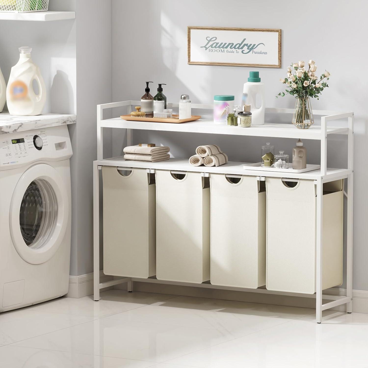 imageLifewit Laundry Hamper 4 Section 168L Pull out Laundry Clothes Basket Organizer with Large Top Shelf and 4 Removable Bags and Handles Laundry Sorter for Laundry Room Bedroom Bathroom BlackWhite