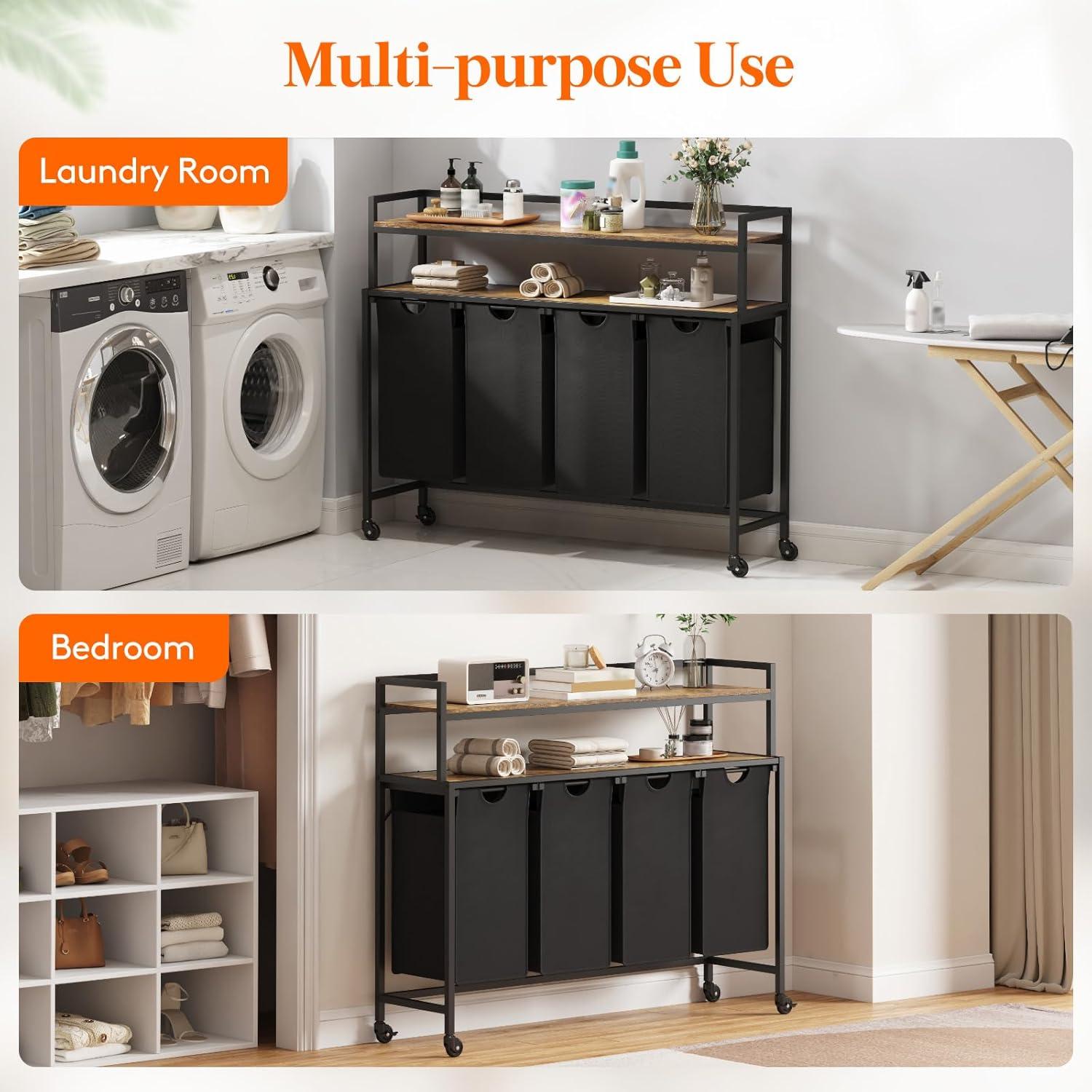 imageLifewit Laundry Hamper 4 Section 168L Pull out Laundry Clothes Basket Organizer with Large Top Shelf and 4 Removable Bags and Handles Laundry Sorter for Laundry Room Bedroom Bathroom BlackBlack