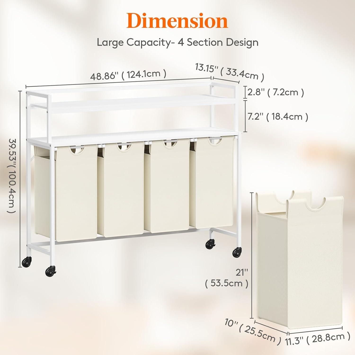 imageLifewit Laundry Hamper 4 Section 168L Pull out Laundry Clothes Basket Organizer with Large Top Shelf and 4 Removable Bags and Handles Laundry Sorter for Laundry Room Bedroom Bathroom BlackWhite