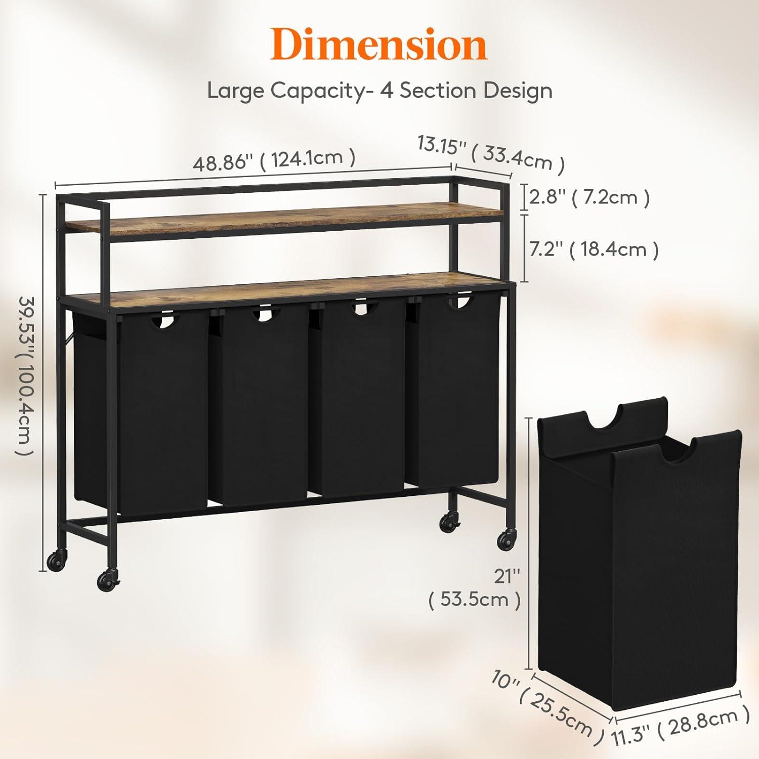 imageLifewit Laundry Hamper 4 Section 168L Pull out Laundry Clothes Basket Organizer with Large Top Shelf and 4 Removable Bags and Handles Laundry Sorter for Laundry Room Bedroom Bathroom BlackBlack