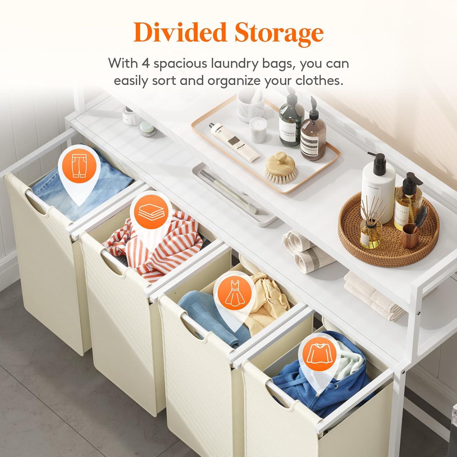 imageLifewit Laundry Hamper 4 Section 168L Pull out Laundry Clothes Basket Organizer with Large Top Shelf and 4 Removable Bags and Handles Laundry Sorter for Laundry Room Bedroom Bathroom BlackWhite