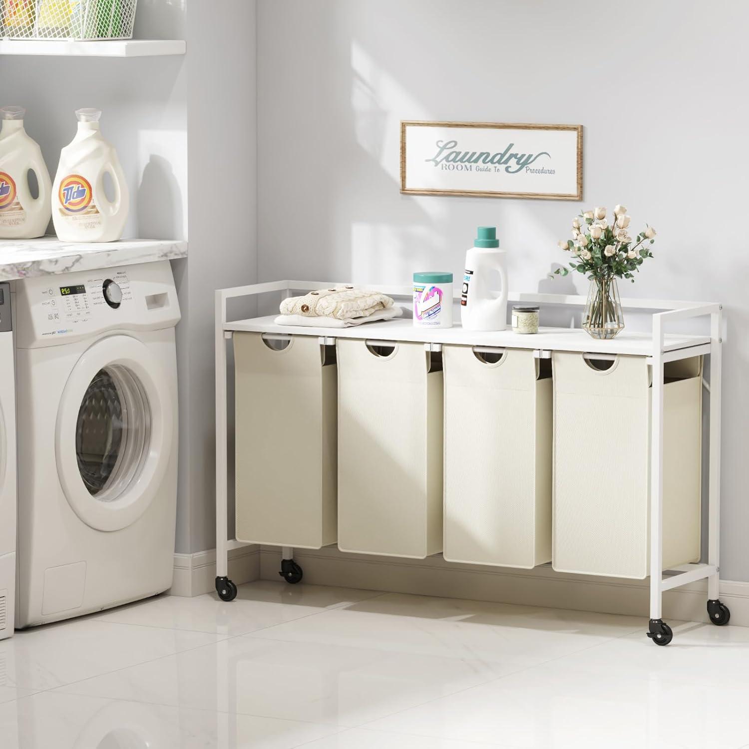 imageLifewit Laundry Hamper 4 Section 168L Pull out Laundry Clothes Basket Organizer with Large Top Shelf and 4 Removable Bags and Handles Laundry Sorter for Laundry Room Bedroom Bathroom BlackWhite