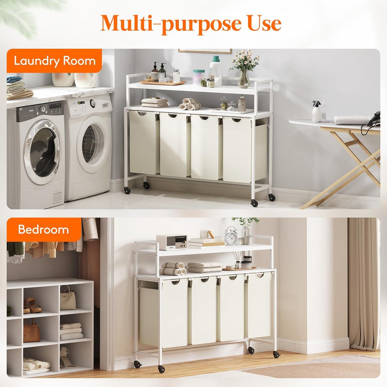 imageLifewit Laundry Hamper 4 Section 168L Pull out Laundry Clothes Basket Organizer with Large Top Shelf and 4 Removable Bags and Handles Laundry Sorter for Laundry Room Bedroom Bathroom BlackWhite