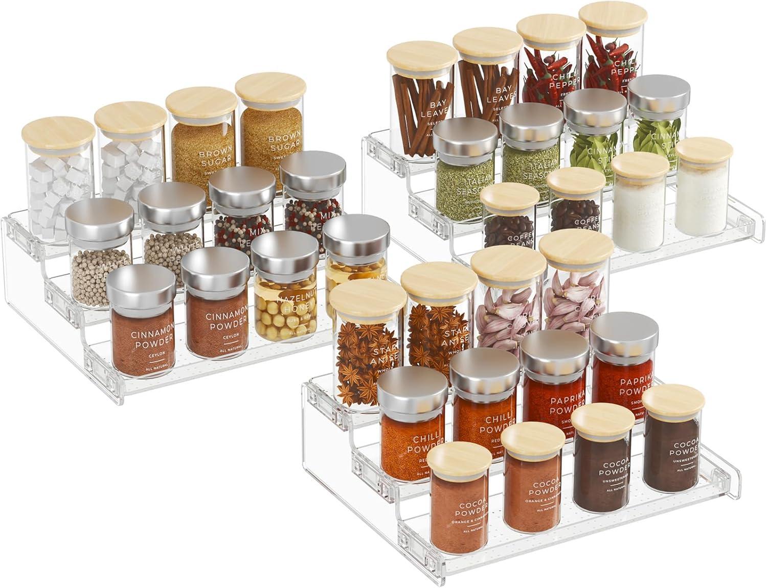 imageLifewit Plastic 2 Pack 3Tier Spice Rack Clear Spice Organization for Cabinet Counter Organizer Shelf for Condiment Seasoning Syrup Liquor Medicine and Perfume for Kitchen Pantry Bar BathClear