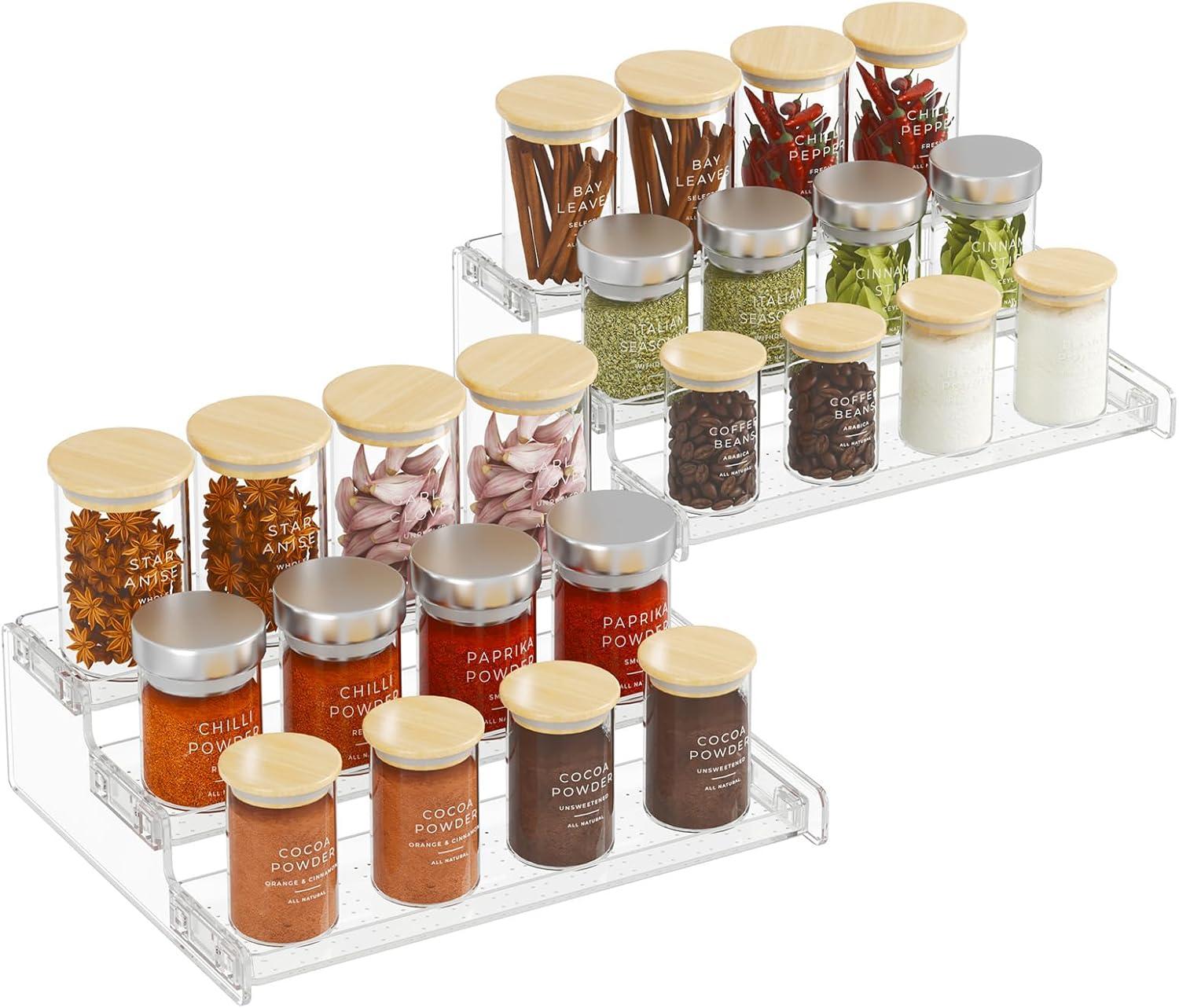 imageLifewit Plastic 2 Pack 3Tier Spice Rack Clear Spice Organization for Cabinet Counter Organizer Shelf for Condiment Seasoning Syrup Liquor Medicine and Perfume for Kitchen Pantry Bar BathClear