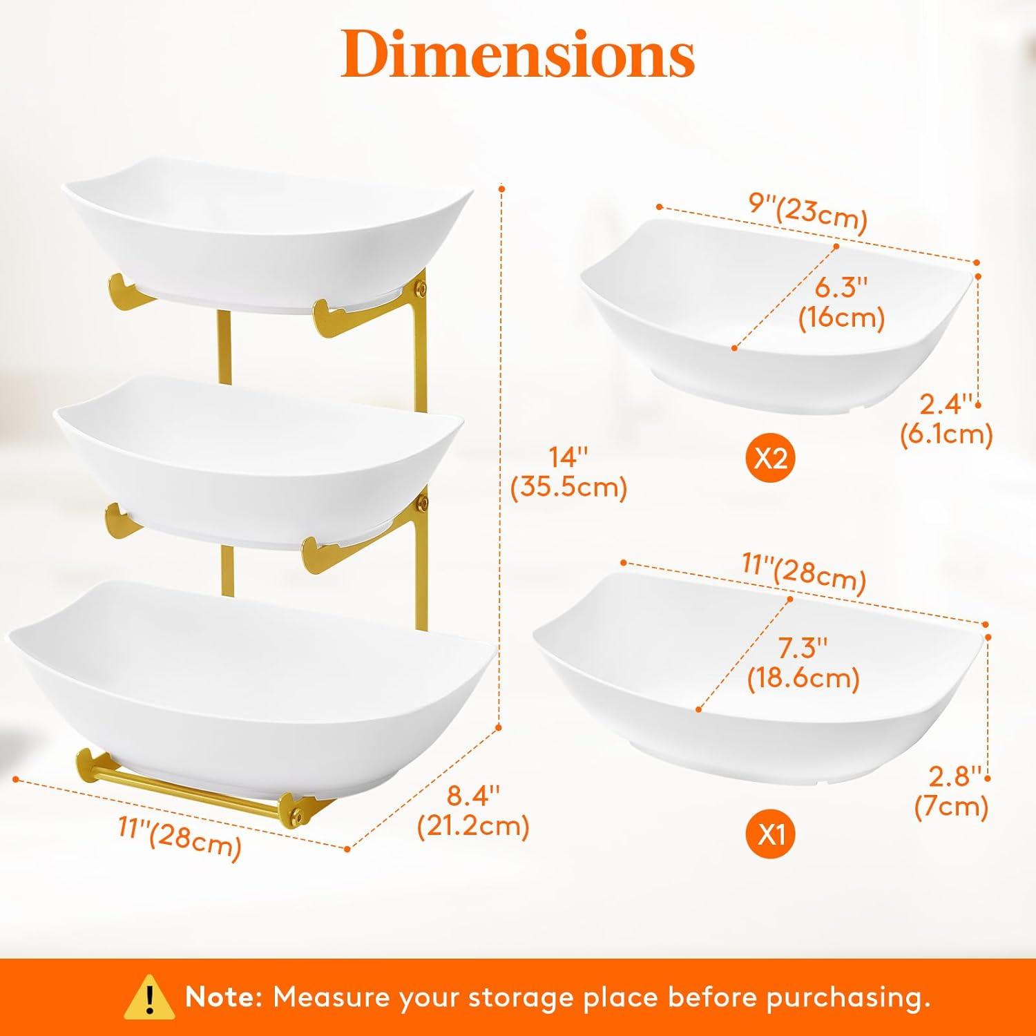 imageLifewit Plastic Fruit Bowl Basket for Kitchen Countertop 3 Tier Fruit Holder with Gold Metal Stand Serving Tray for Food Vegetable Cake Dessert in PartyGold