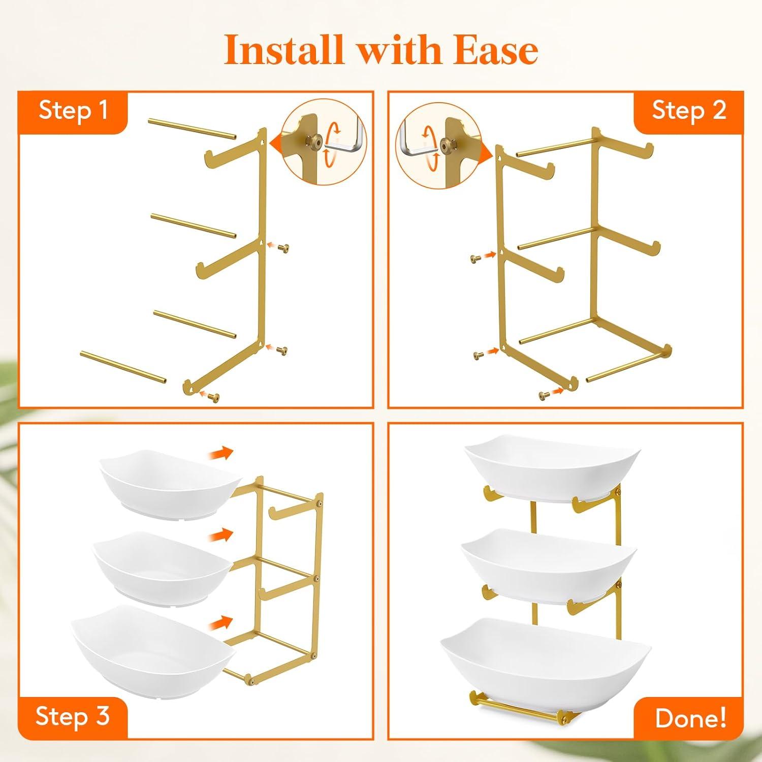 imageLifewit Plastic Fruit Bowl Basket for Kitchen Countertop 3 Tier Fruit Holder with Gold Metal Stand Serving Tray for Food Vegetable Cake Dessert in PartyGold