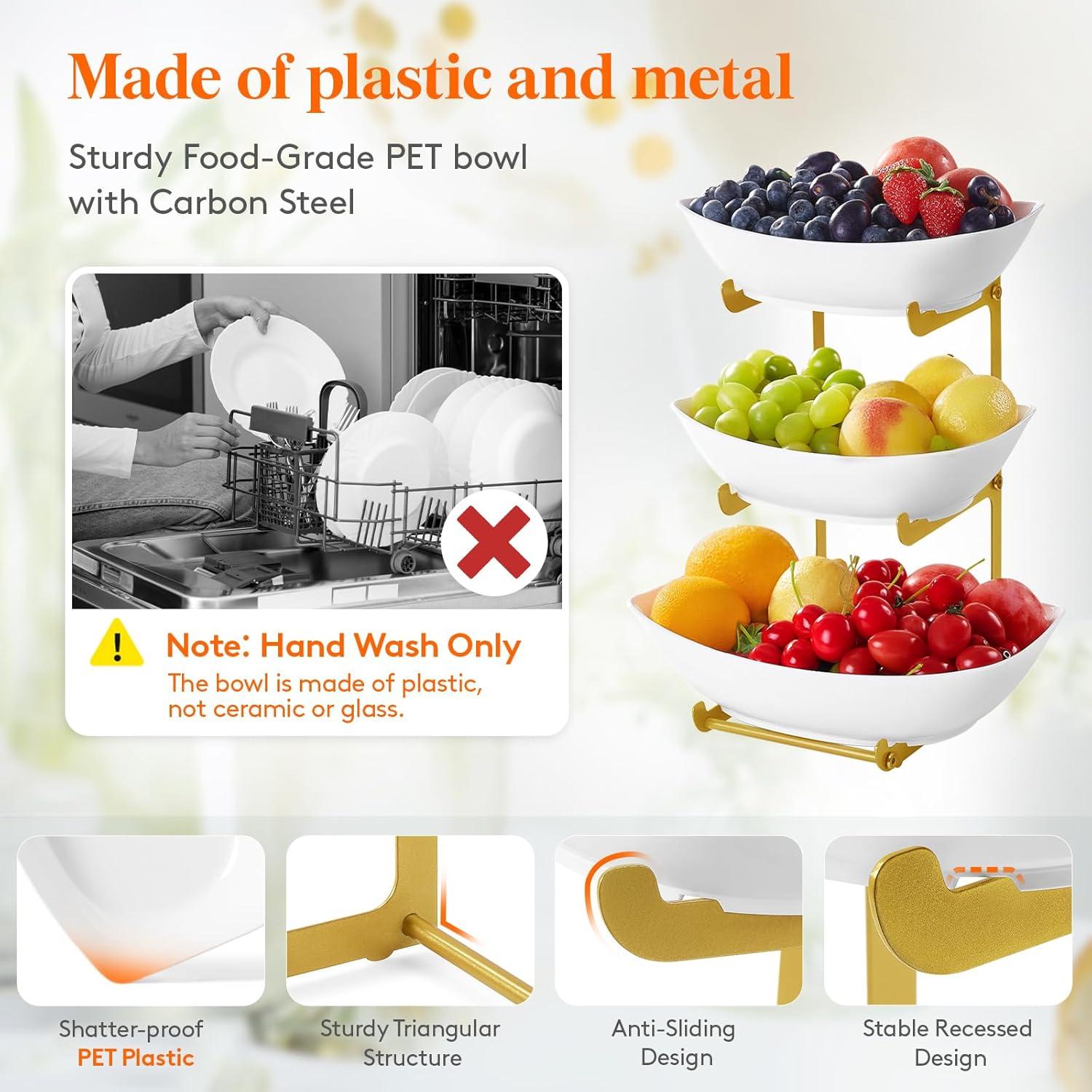 imageLifewit Plastic Fruit Bowl Basket for Kitchen Countertop 3 Tier Fruit Holder with Gold Metal Stand Serving Tray for Food Vegetable Cake Dessert in PartyGold