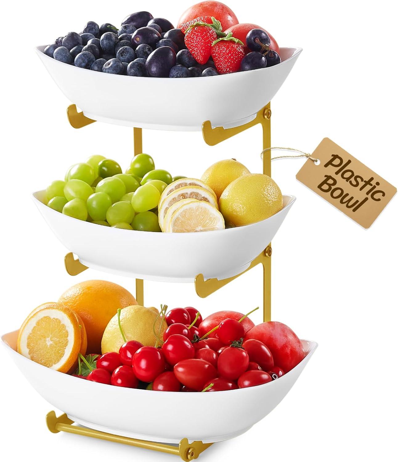 imageLifewit Plastic Fruit Bowl Basket for Kitchen Countertop 3 Tier Fruit Holder with Gold Metal Stand Serving Tray for Food Vegetable Cake Dessert in PartyGold