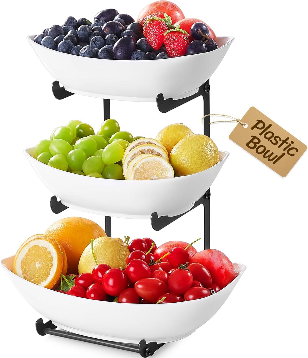 imageLifewit Plastic Fruit Bowl Basket for Kitchen Countertop 3 Tier Fruit Holder with Gold Metal Stand Serving Tray for Food Vegetable Cake Dessert in PartyBlack