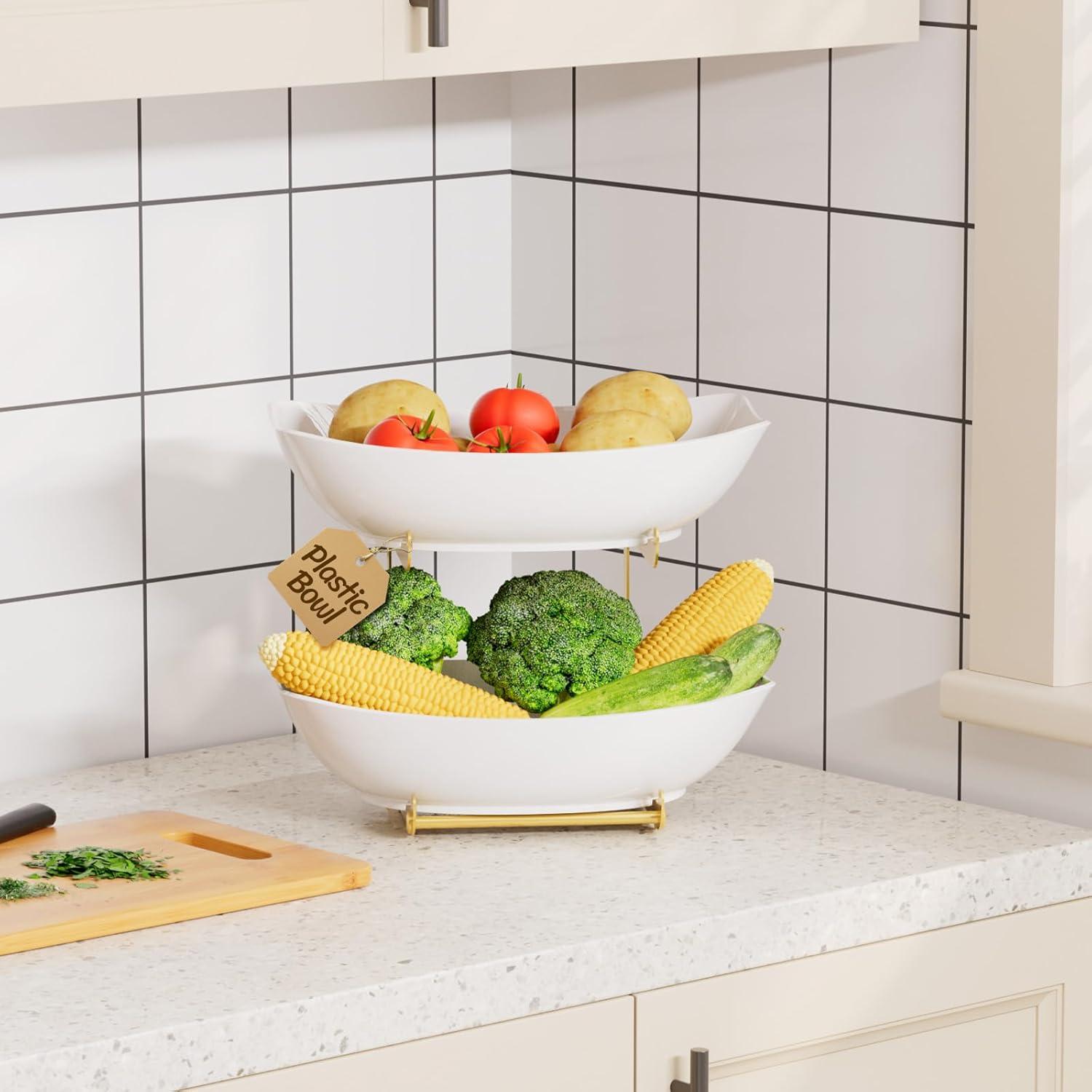 imageLifewit Plastic Fruit Bowl Basket for Kitchen Countertop 3 Tier Fruit Holder with Gold Metal Stand Serving Tray for Food Vegetable Cake Dessert in PartyGold