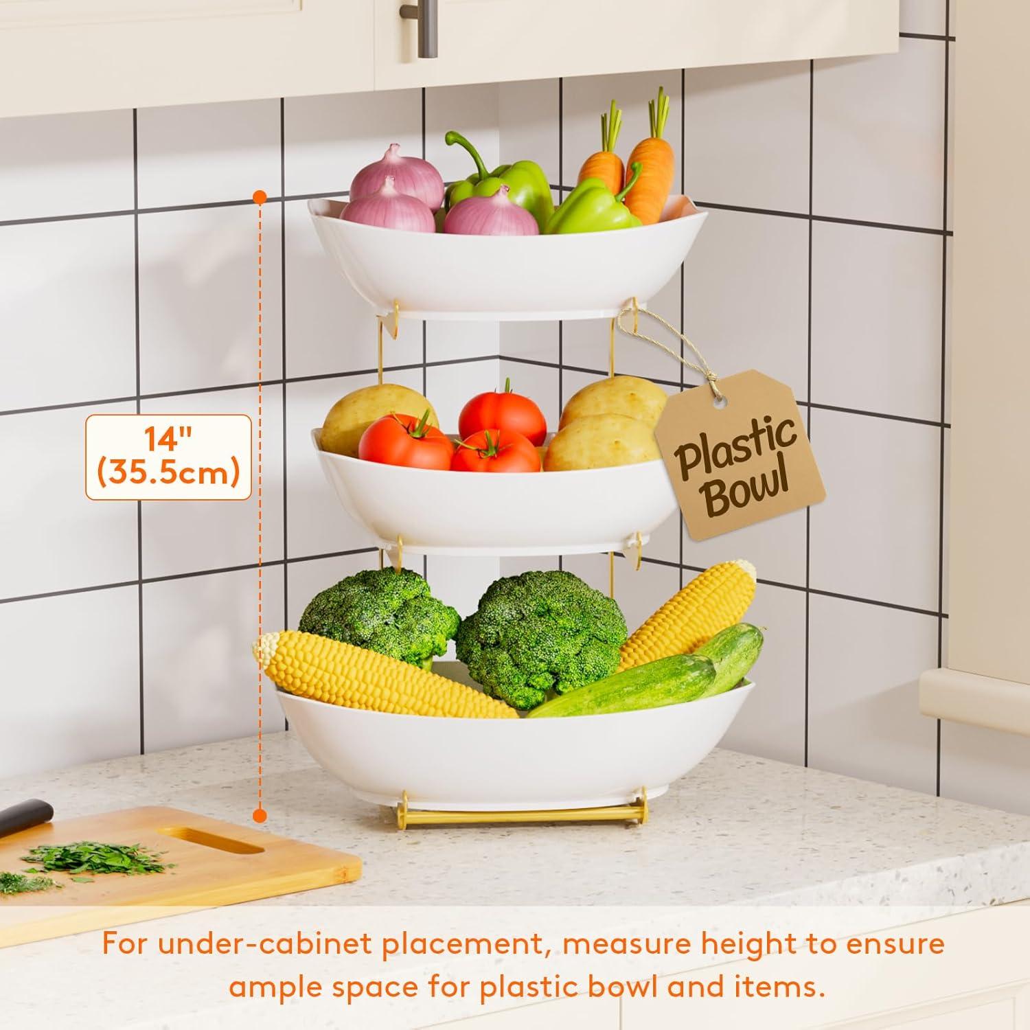 imageLifewit Plastic Fruit Bowl Basket for Kitchen Countertop 3 Tier Fruit Holder with Gold Metal Stand Serving Tray for Food Vegetable Cake Dessert in PartyGold