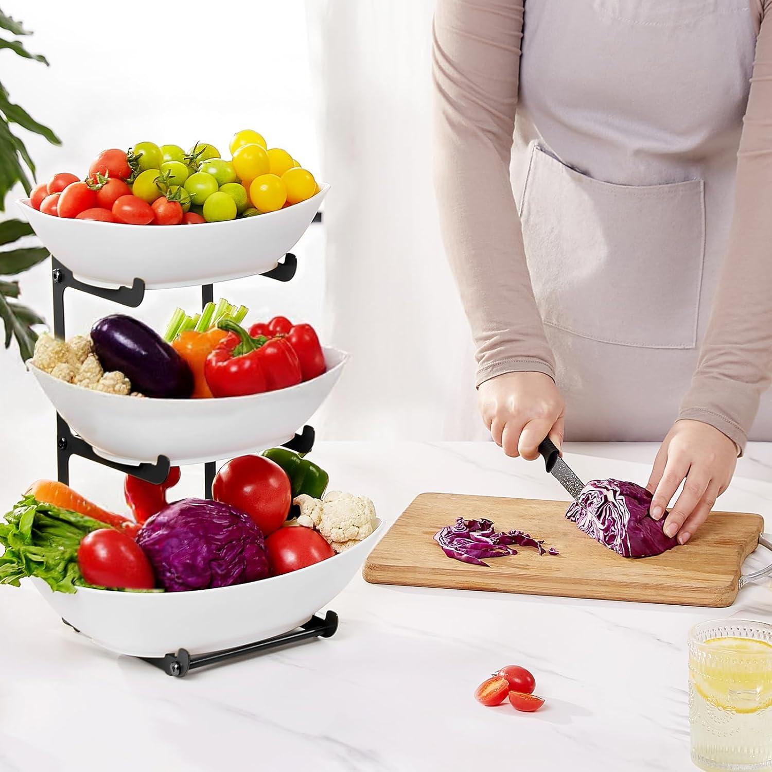 imageLifewit Plastic Fruit Bowl Basket for Kitchen Countertop 3 Tier Fruit Holder with Gold Metal Stand Serving Tray for Food Vegetable Cake Dessert in PartyBlack