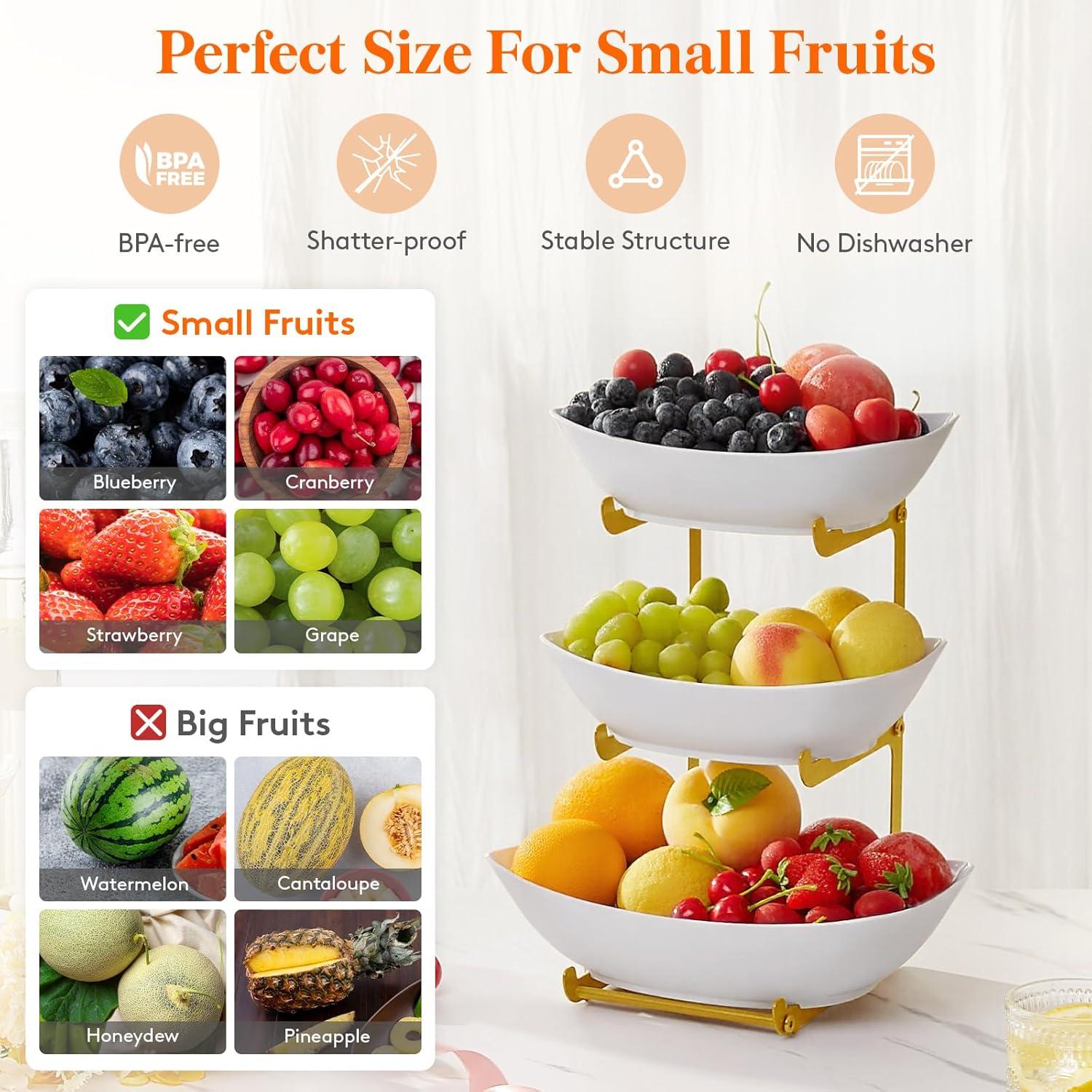 imageLifewit Plastic Fruit Bowl Basket for Kitchen Countertop 3 Tier Fruit Holder with Gold Metal Stand Serving Tray for Food Vegetable Cake Dessert in PartyGold