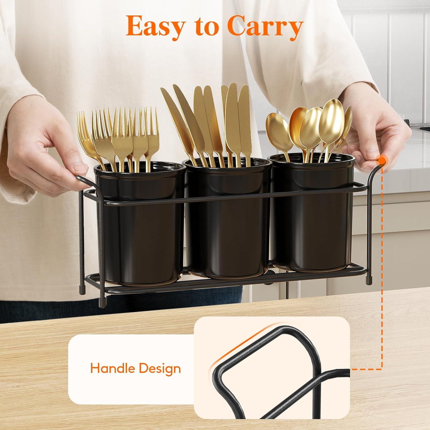 imageLifewit Plastic Silverware Caddy with Metal Rack Utensil Holder for Party Cutlery Flatware Organizer for Kitchen Countertop Forks Spoons Knives Storage for Picnic Camping Outdoor Buffet WhiteBlack