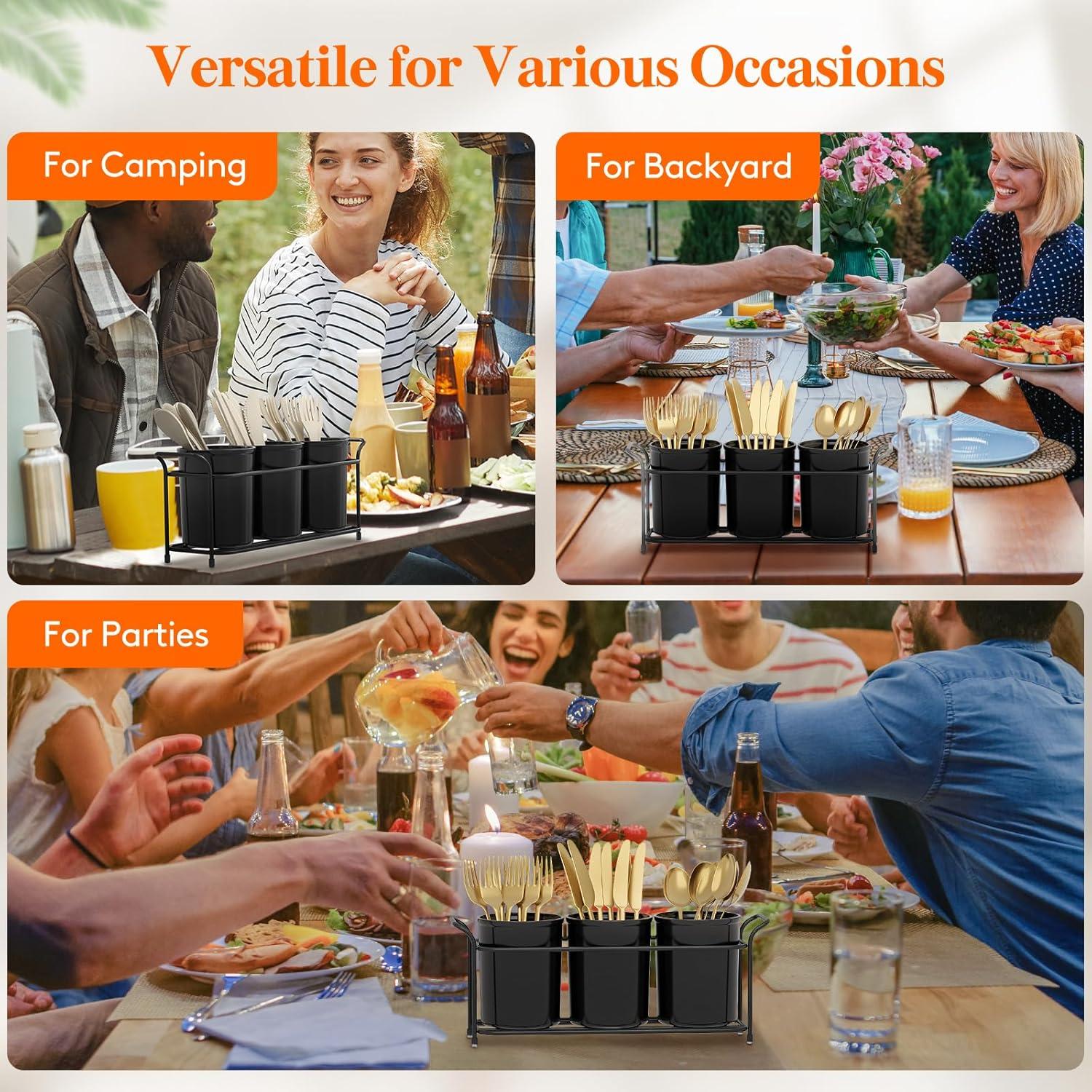 imageLifewit Plastic Silverware Caddy with Metal Rack Utensil Holder for Party Cutlery Flatware Organizer for Kitchen Countertop Forks Spoons Knives Storage for Picnic Camping Outdoor Buffet WhiteBlack