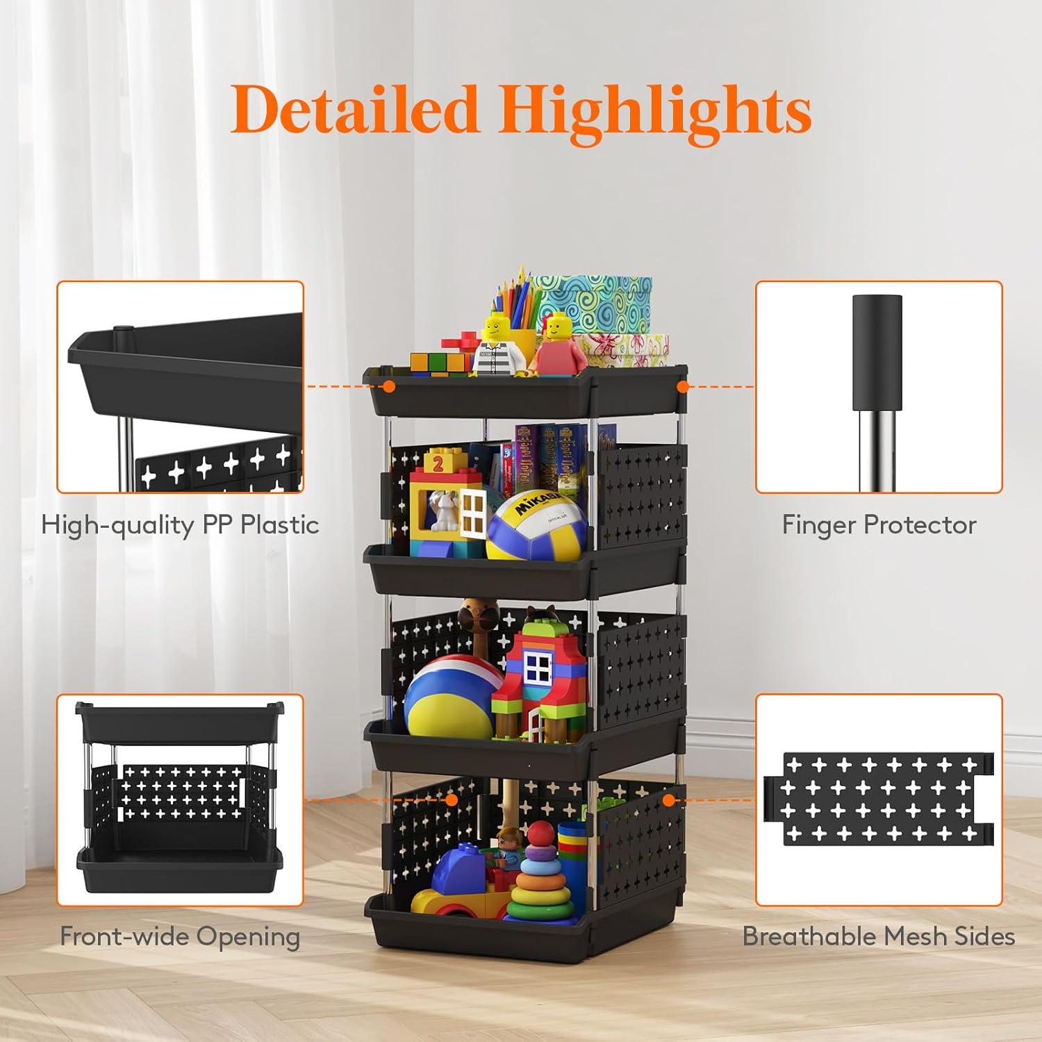 imageLifewit Plastic Stackable Storage Baskets 4 Tier Stacking Bins 138quotD x 118quotW x 283quotH Large Capacity MultiFunctional Containers Shelves for Pantry Playroom Kitchen and Bedroom 1 Pack WhiteBlack