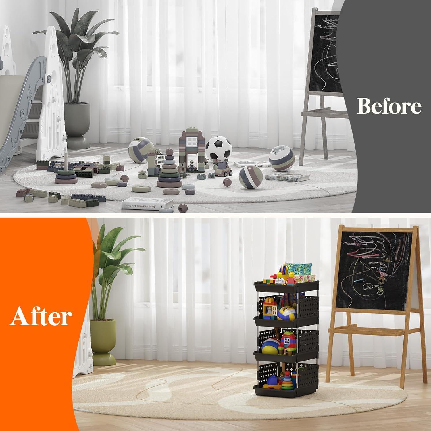 imageLifewit Plastic Stackable Storage Baskets 4 Tier Stacking Bins 138quotD x 118quotW x 283quotH Large Capacity MultiFunctional Containers Shelves for Pantry Playroom Kitchen and Bedroom 1 Pack WhiteBlack