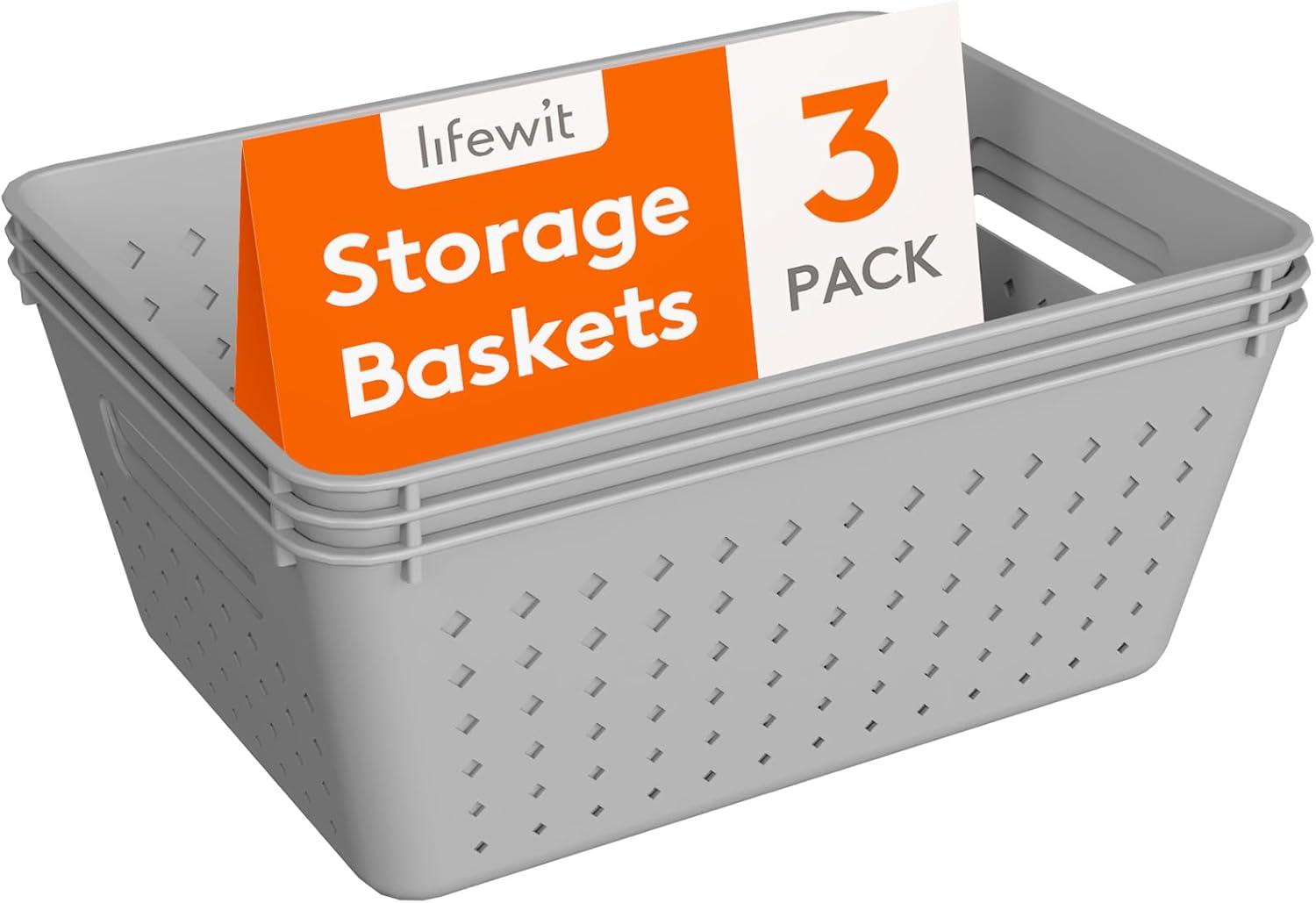 imageLifewit Plastic Storage Basket 7 Pack Stackable Storage Bins for Organizing Multi Size Open Containers for Shelving Pantry Office and Cabinet 5 Large and 2 Small Size BlackGray