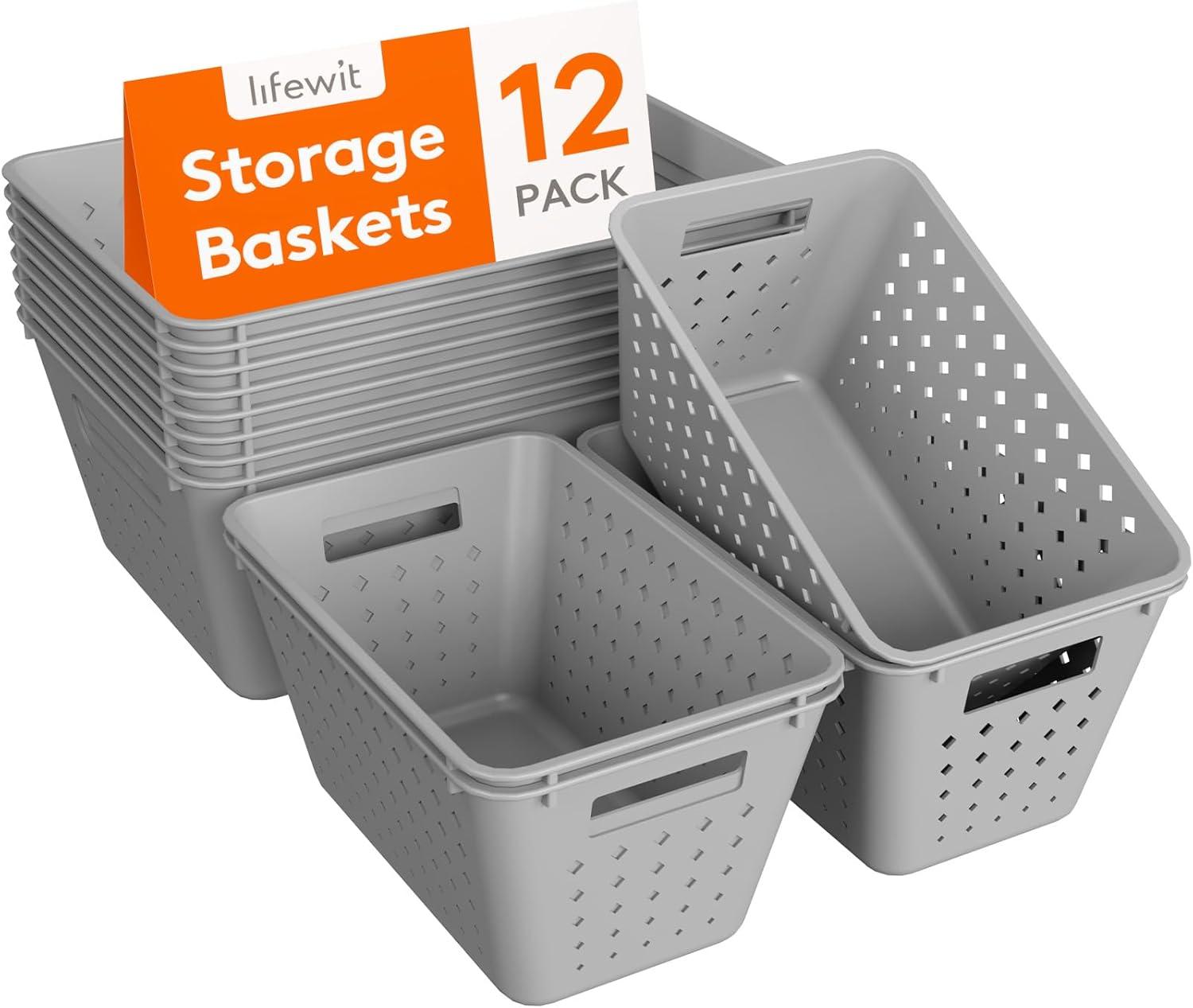 imageLifewit Plastic Storage Basket 7 Pack Stackable Storage Bins for Organizing Multi Size Open Containers for Shelving Pantry Office and Cabinet 5 Large and 2 Small Size BlackGray