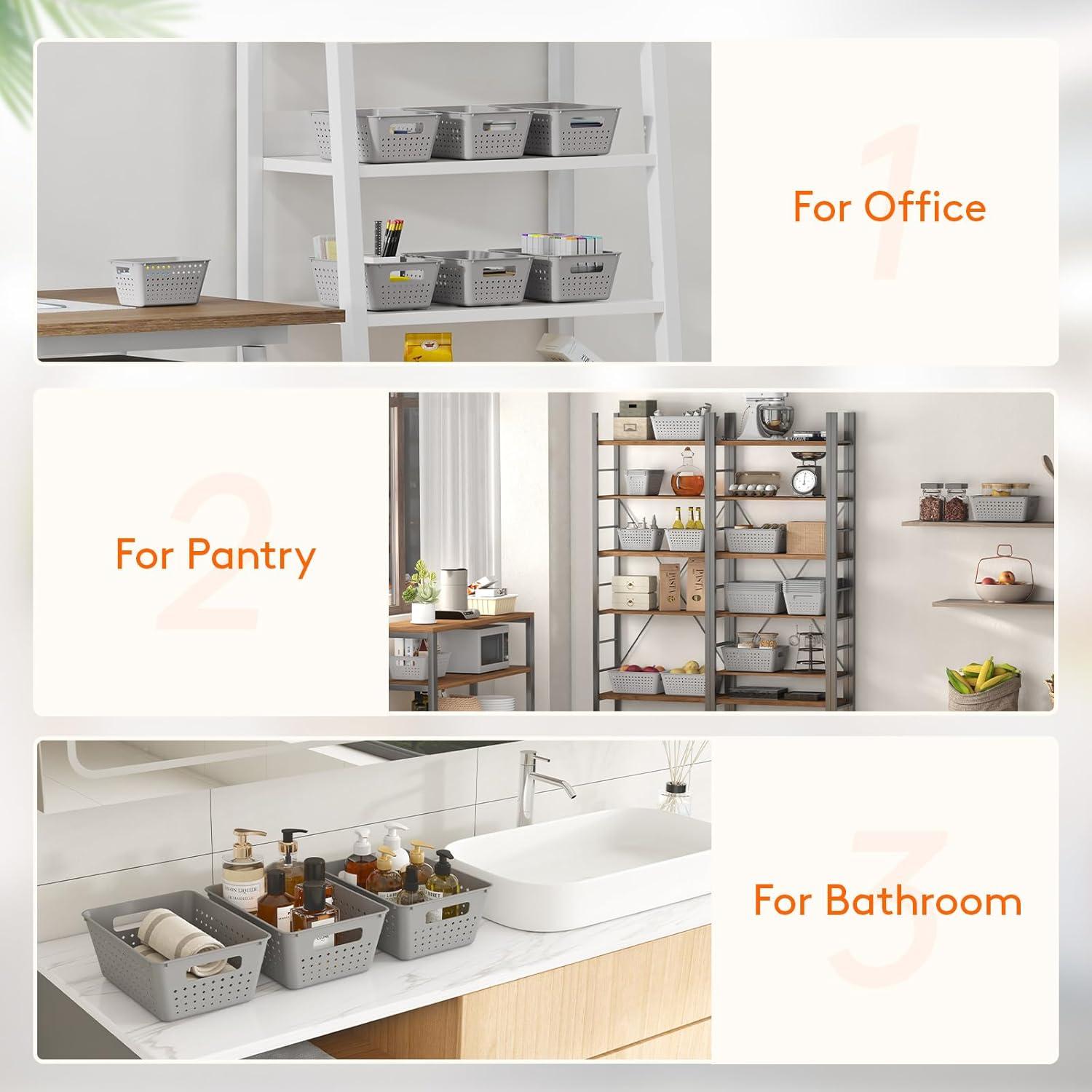 imageLifewit Plastic Storage Basket 7 Pack Stackable Storage Bins for Organizing Multi Size Open Containers for Shelving Pantry Office and Cabinet 5 Large and 2 Small Size BlackGray