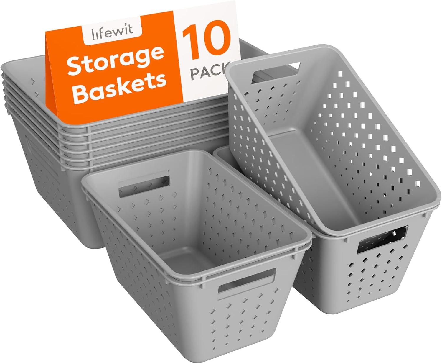 imageLifewit Plastic Storage Basket 7 Pack Stackable Storage Bins for Organizing Multi Size Open Containers for Shelving Pantry Office and Cabinet 5 Large and 2 Small Size BlackGray