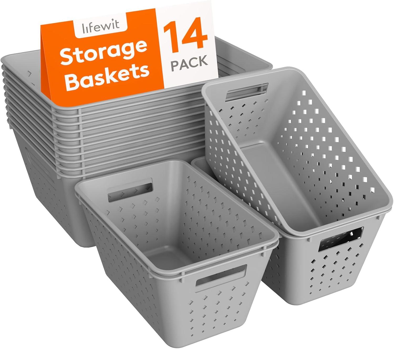 imageLifewit Plastic Storage Basket 7 Pack Stackable Storage Bins for Organizing Multi Size Open Containers for Shelving Pantry Office and Cabinet 5 Large and 2 Small Size BlackGray