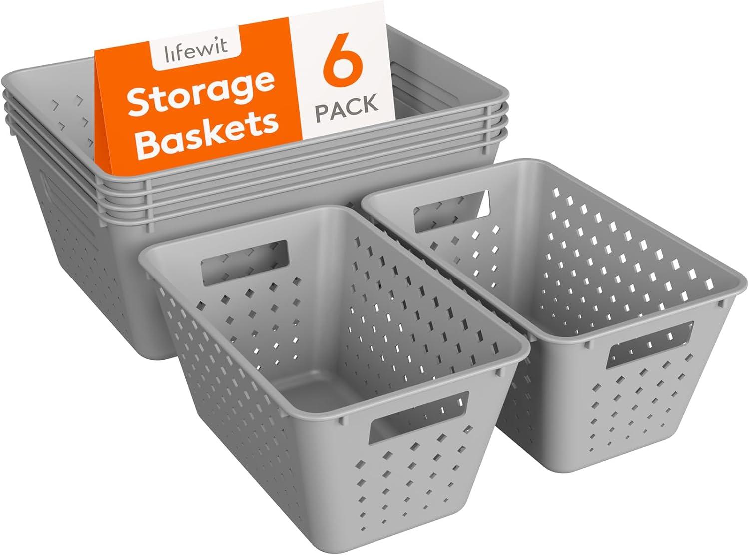 imageLifewit Plastic Storage Basket 7 Pack Stackable Storage Bins for Organizing Multi Size Open Containers for Shelving Pantry Office and Cabinet 5 Large and 2 Small Size BlackGray