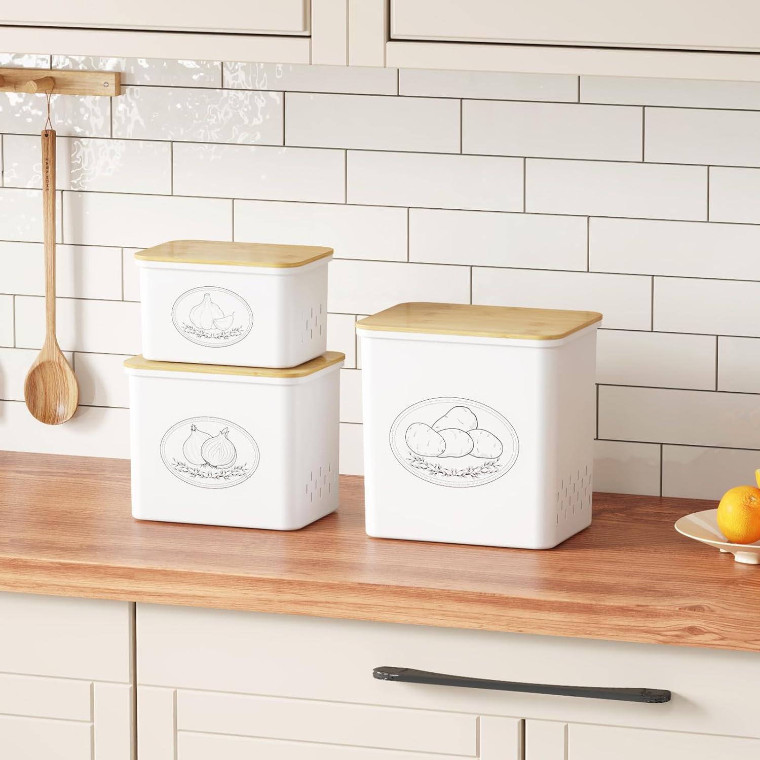 imageLifewit Potato Onion and Garlic Storage Bin Stackable Vegetable Storage Tins with Aerating Holes and Lid Plastic Canister Keeper for Pantry Kitchen Countertop Set of 3 10L WhiteWhite