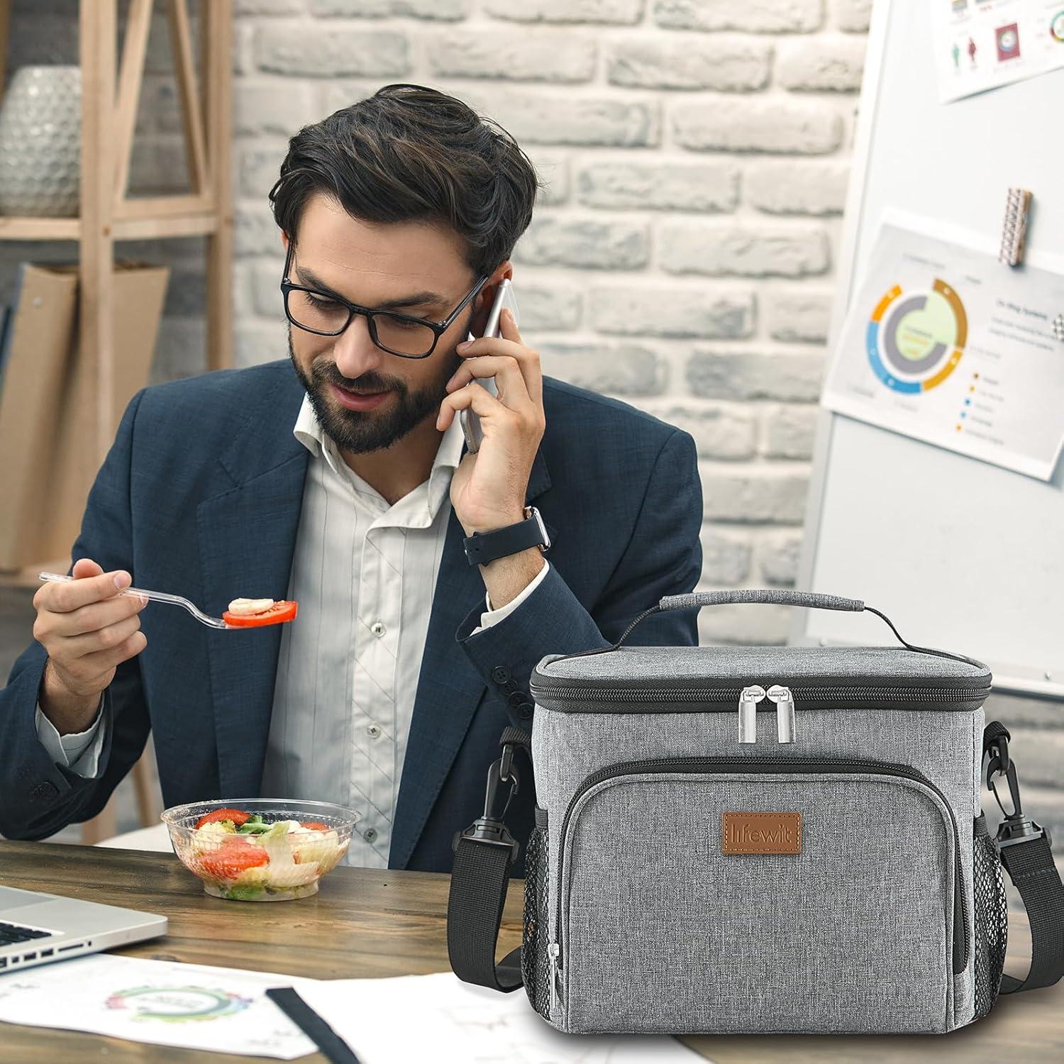 imageLifewit Reusable Insulated Lunch Bag for Men Lunch Box Women Portable Cooler Freezable Soft Lunchbox Leakproof with Adjustable Shoulder Strap for Adult for Work Picnic or Travel Black 9LGray