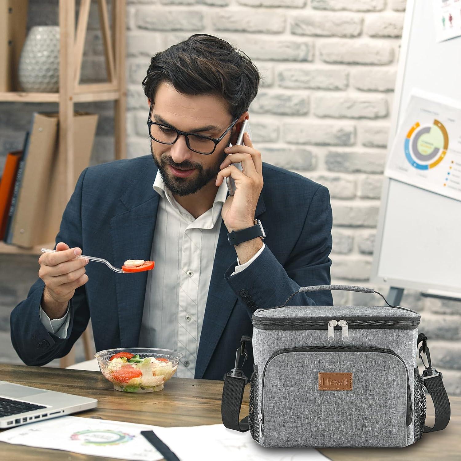 imageLifewit Reusable Insulated Lunch Bag for Men Lunch Box Women Portable Cooler Freezable Soft Lunchbox Leakproof with Adjustable Shoulder Strap for Adult for Work Picnic or Travel Black 9LGray