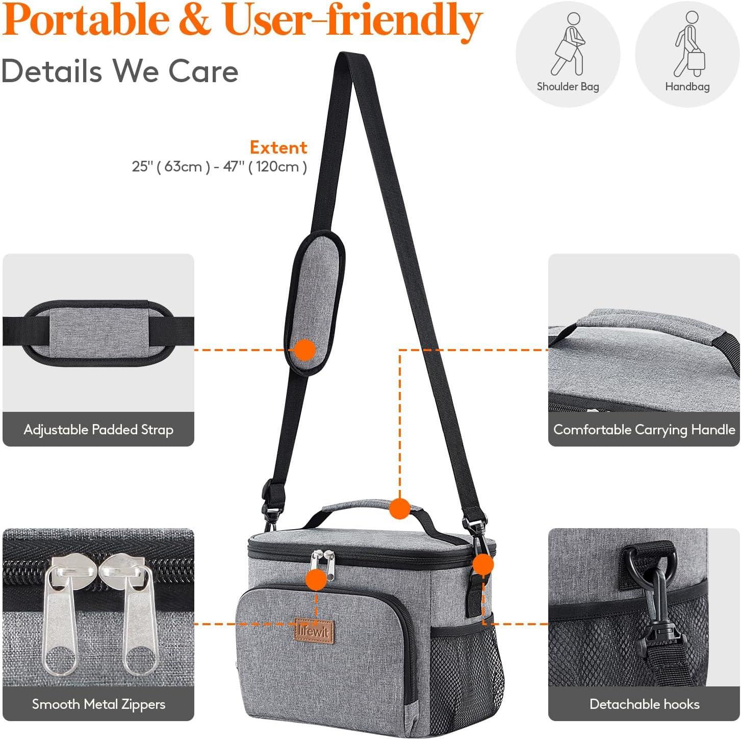 imageLifewit Reusable Insulated Lunch Bag for Men Lunch Box Women Portable Cooler Freezable Soft Lunchbox Leakproof with Adjustable Shoulder Strap for Adult for Work Picnic or Travel Black 9LGray