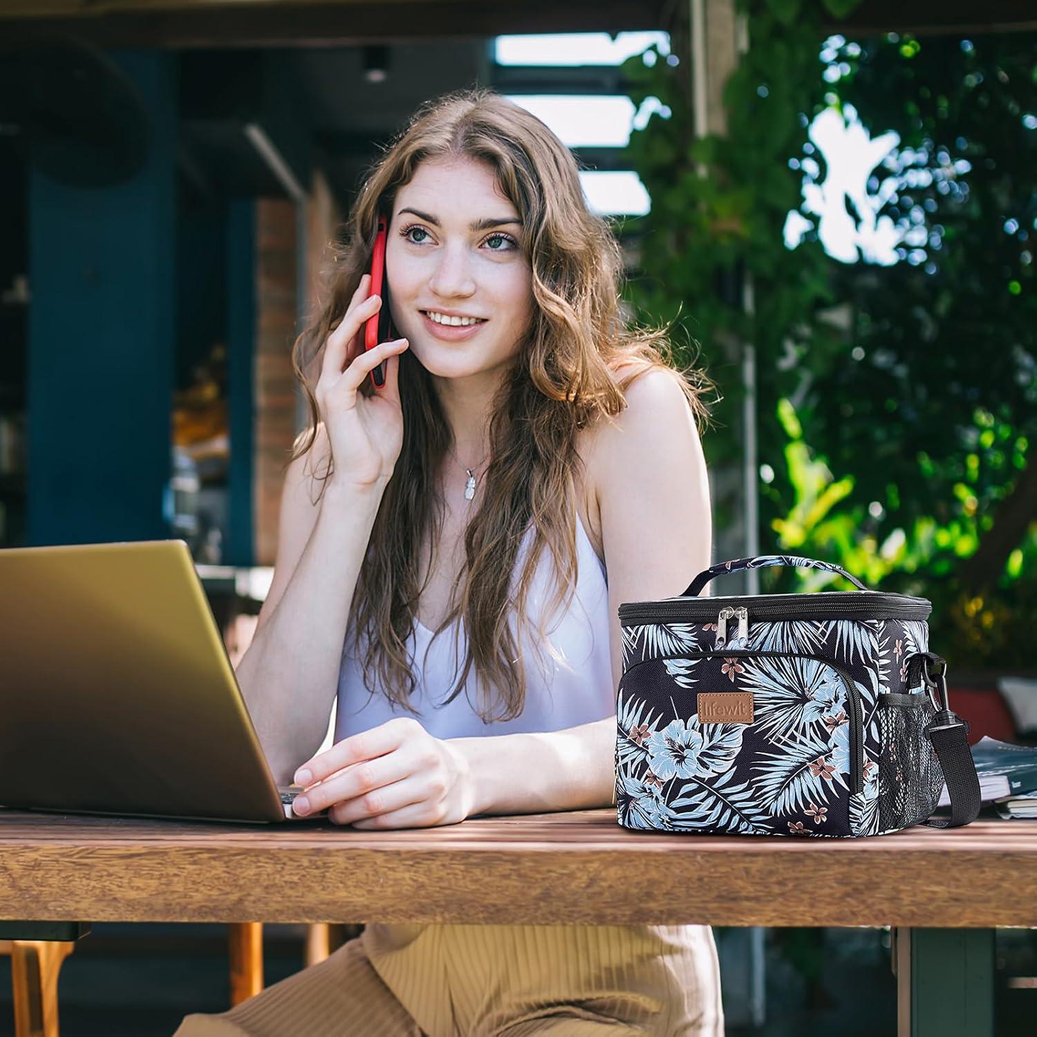 imageLifewit Reusable Insulated Lunch Bag for Men Lunch Box Women Portable Cooler Freezable Soft Lunchbox Leakproof with Adjustable Shoulder Strap for Adult for Work Picnic or Travel Black 9LFlower