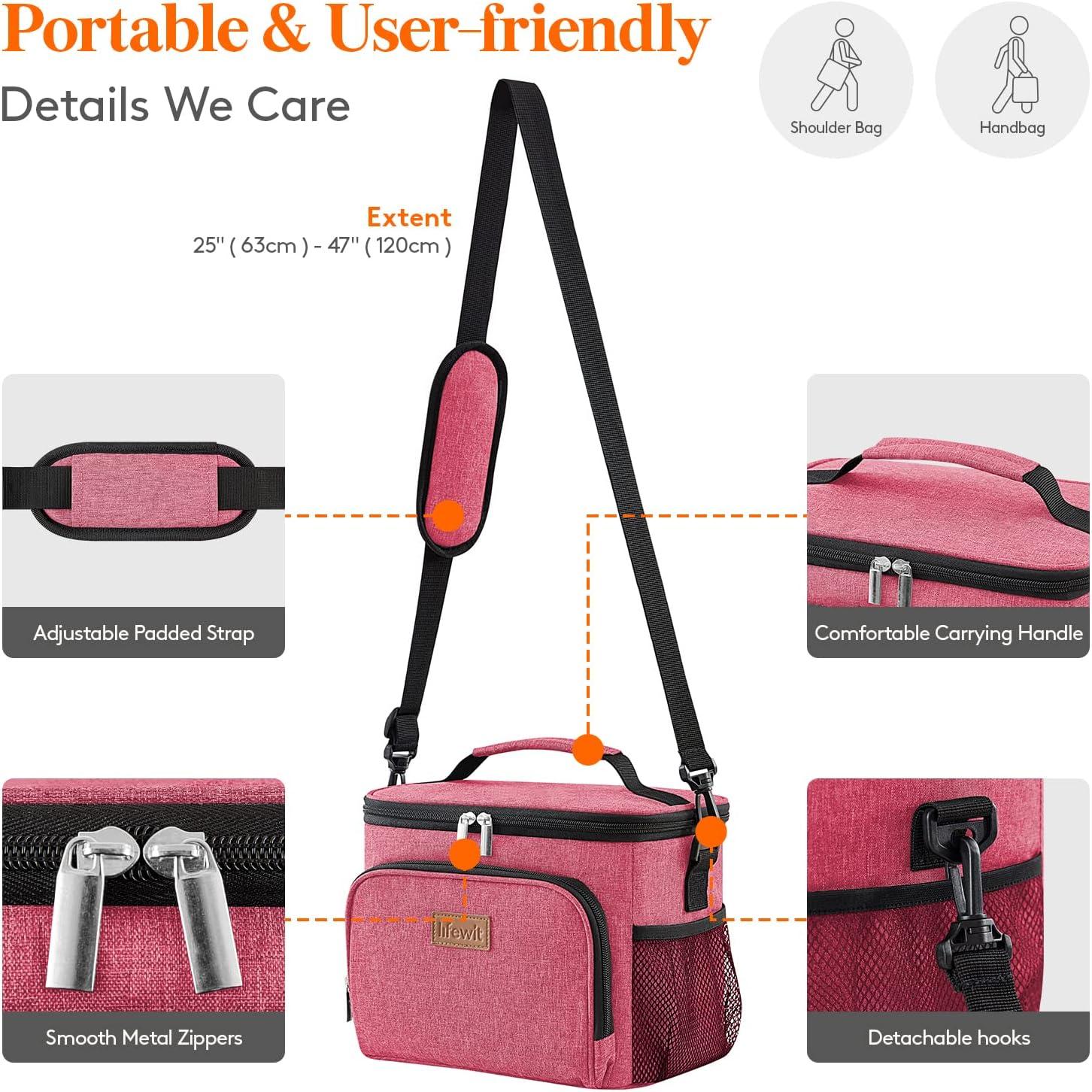 imageLifewit Reusable Insulated Lunch Bag for Men Lunch Box Women Portable Cooler Freezable Soft Lunchbox Leakproof with Adjustable Shoulder Strap for Adult for Work Picnic or Travel Black 9LPink