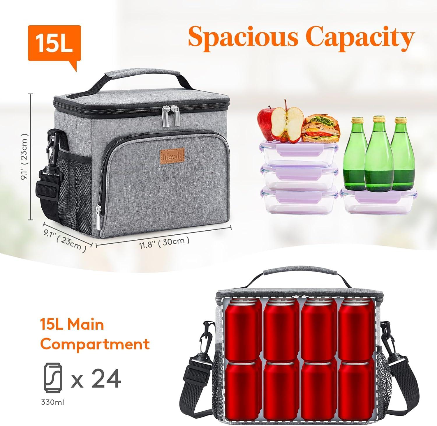 imageLifewit Reusable Insulated Lunch Bag for Men Lunch Box Women Portable Cooler Freezable Soft Lunchbox Leakproof with Adjustable Shoulder Strap for Adult for Work Picnic or Travel Black 9LGray