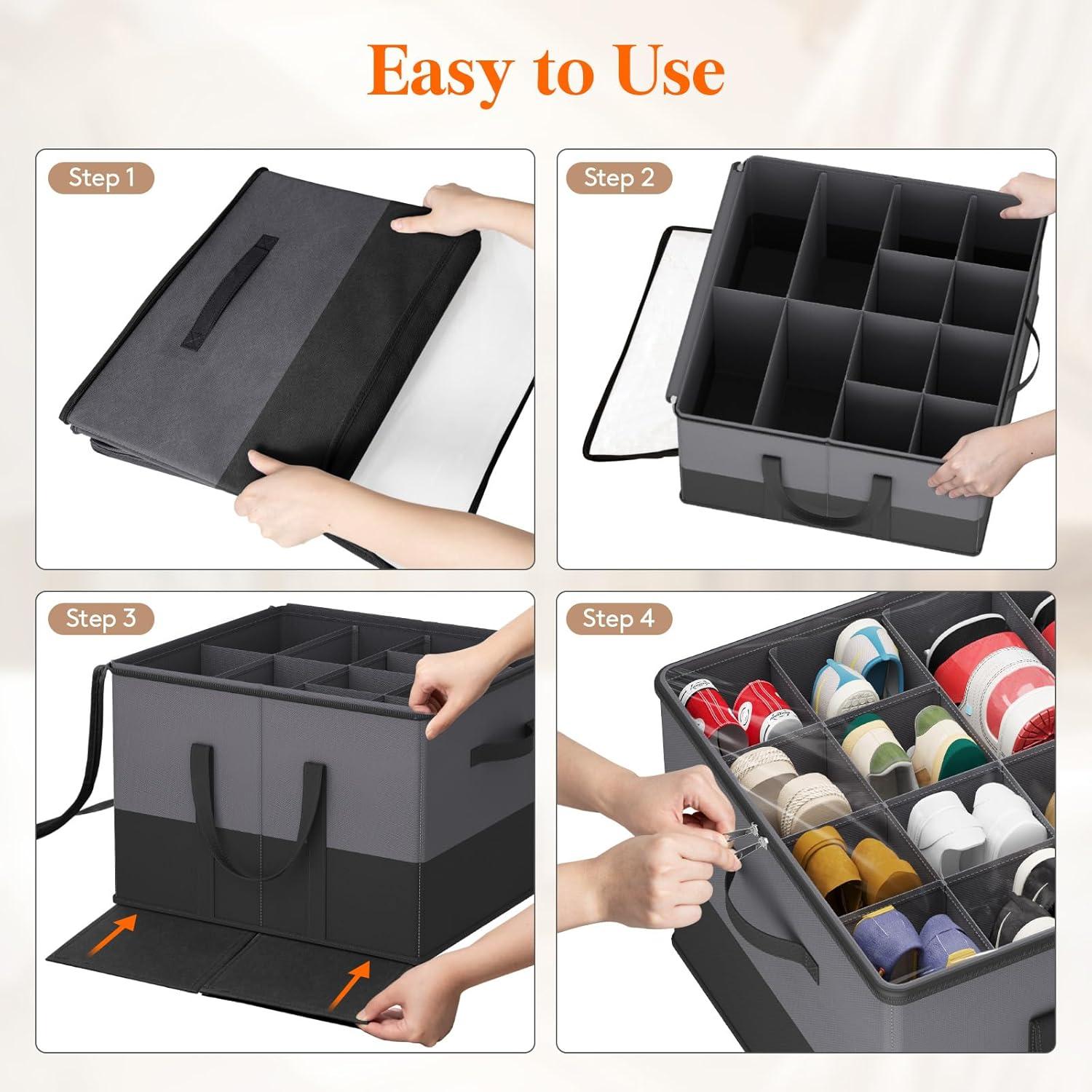 imageLifewit Shoe Storage Organizer for Closet Fits 1216 Pairs Fabric Large Shoe Box Storage Containers with Clear Cover Foldable Bins Fit for Boots Heels Sneakers 17quotL x 17quotW x 125quotH 2 Pack GrayGray and Black