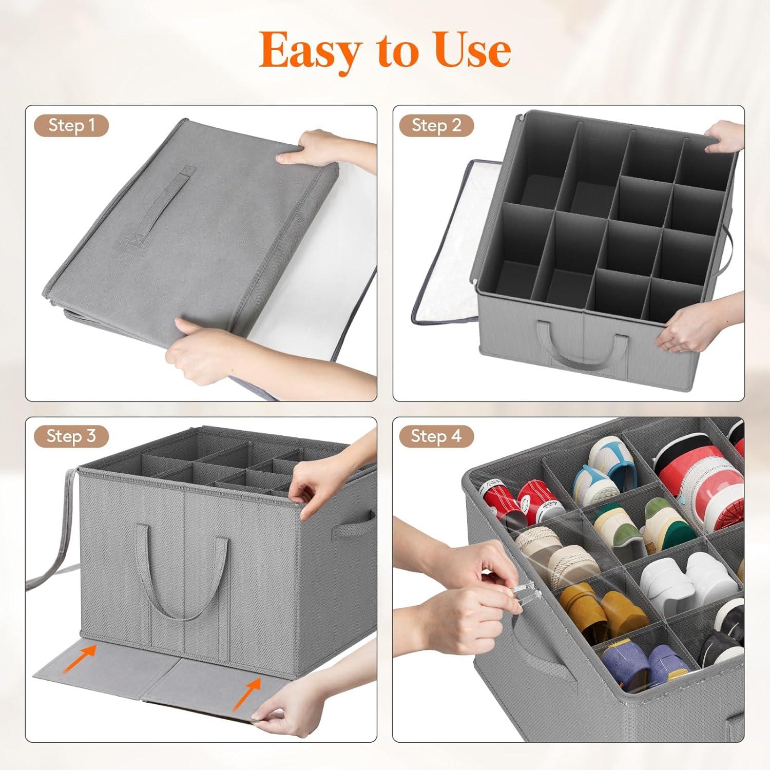 imageLifewit Shoe Storage Organizer for Closet Fits 1216 Pairs Fabric Large Shoe Box Storage Containers with Clear Cover Foldable Bins Fit for Boots Heels Sneakers 17quotL x 17quotW x 125quotH 2 Pack GrayLight Gray