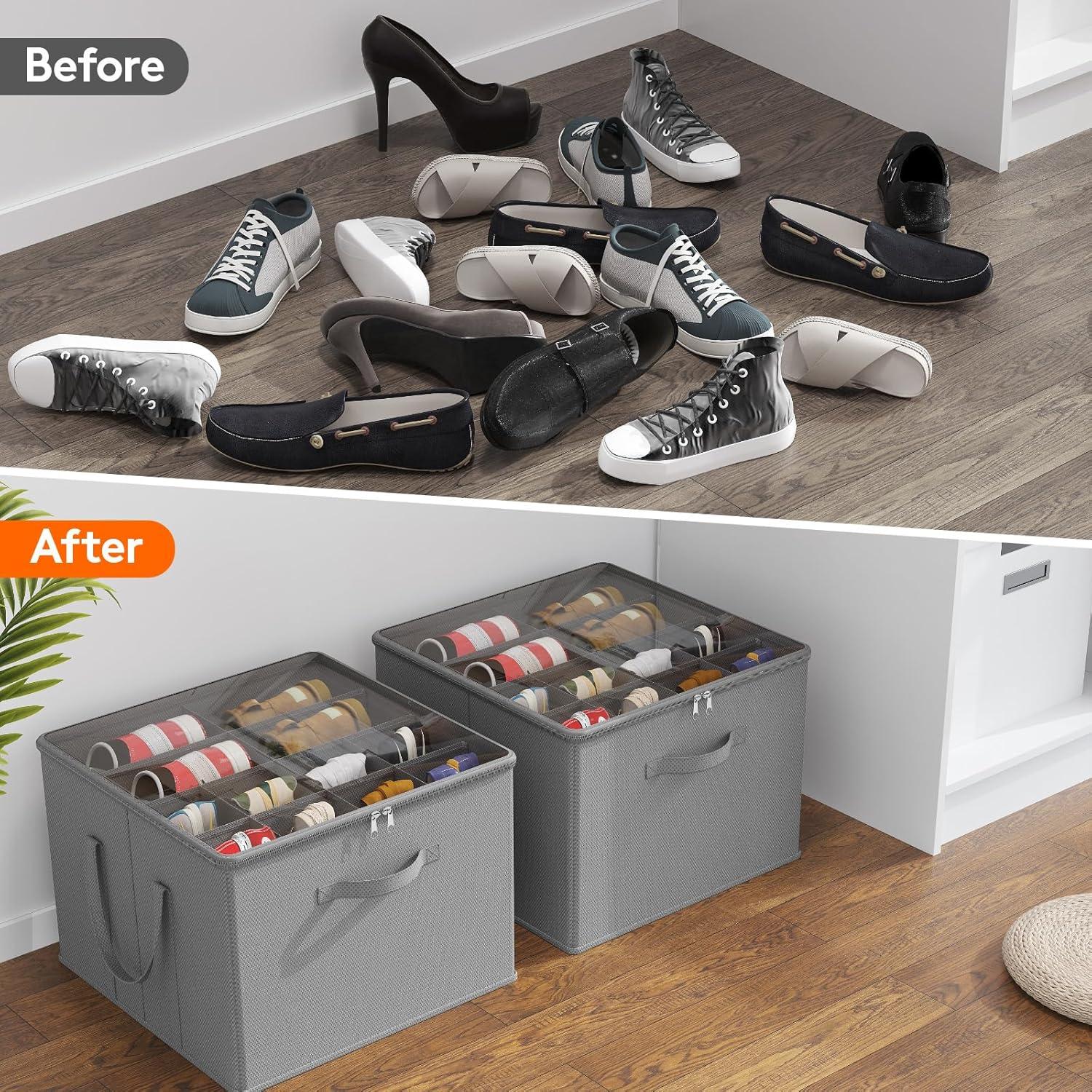 imageLifewit Shoe Storage Organizer for Closet Fits 1216 Pairs Fabric Large Shoe Box Storage Containers with Clear Cover Foldable Bins Fit for Boots Heels Sneakers 17quotL x 17quotW x 125quotH 2 Pack GrayLight Gray