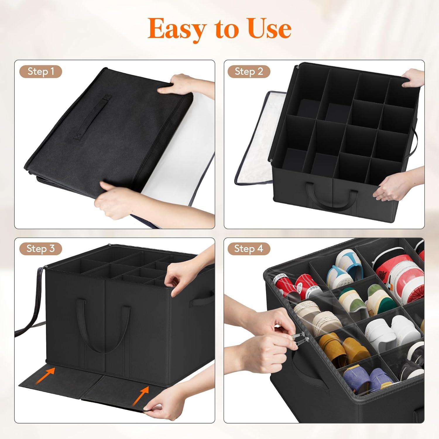 imageLifewit Shoe Storage Organizer for Closet Fits 1216 Pairs Fabric Large Shoe Box Storage Containers with Clear Cover Foldable Bins Fit for Boots Heels Sneakers 17quotL x 17quotW x 125quotH 2 Pack GrayBlack