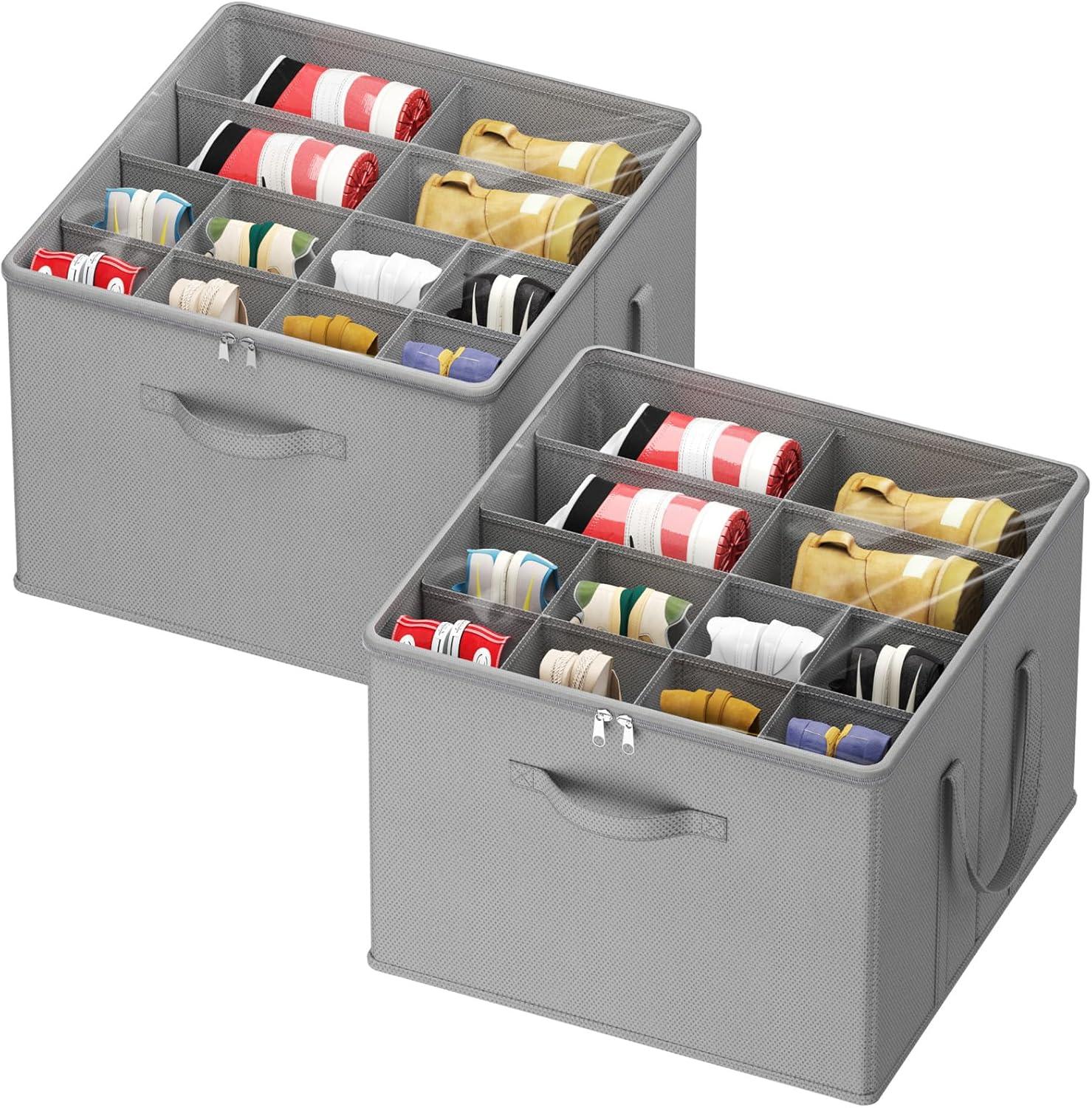 imageLifewit Shoe Storage Organizer for Closet Fits 1216 Pairs Fabric Large Shoe Box Storage Containers with Clear Cover Foldable Bins Fit for Boots Heels Sneakers 17quotL x 17quotW x 125quotH 2 Pack GrayLight Gray