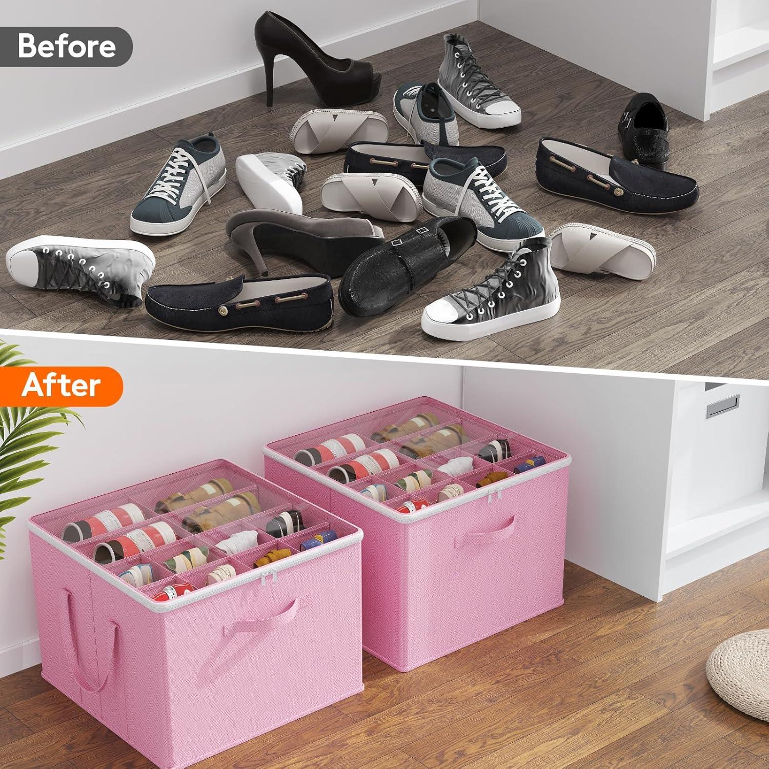 imageLifewit Shoe Storage Organizer for Closet Fits 1216 Pairs Fabric Large Shoe Box Storage Containers with Clear Cover Foldable Bins Fit for Boots Heels Sneakers 17quotL x 17quotW x 125quotH 2 Pack GrayPink