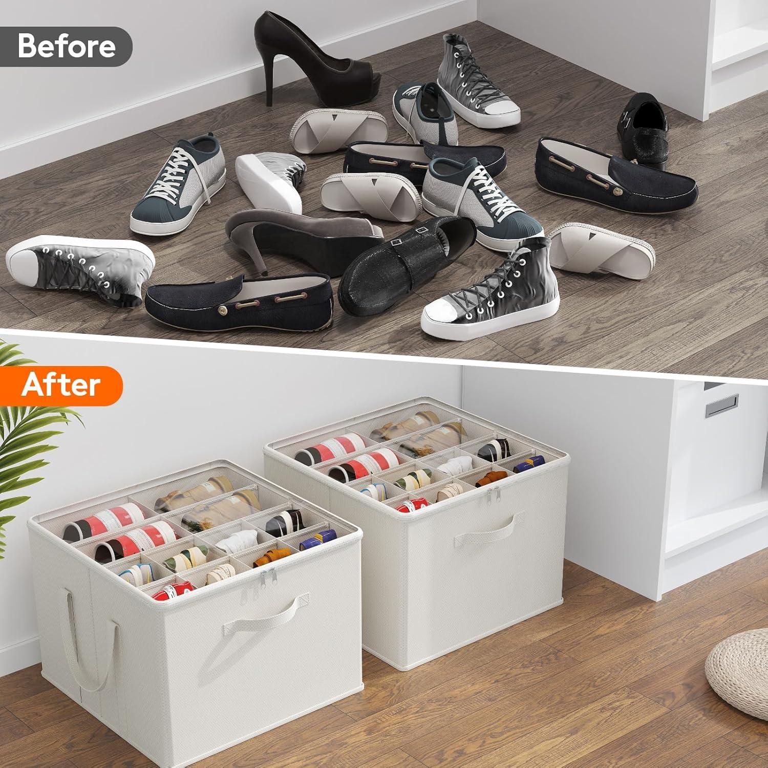 imageLifewit Shoe Storage Organizer for Closet Fits 1216 Pairs Fabric Large Shoe Box Storage Containers with Clear Cover Foldable Bins Fit for Boots Heels Sneakers 17quotL x 17quotW x 125quotH 2 Pack GrayWhite